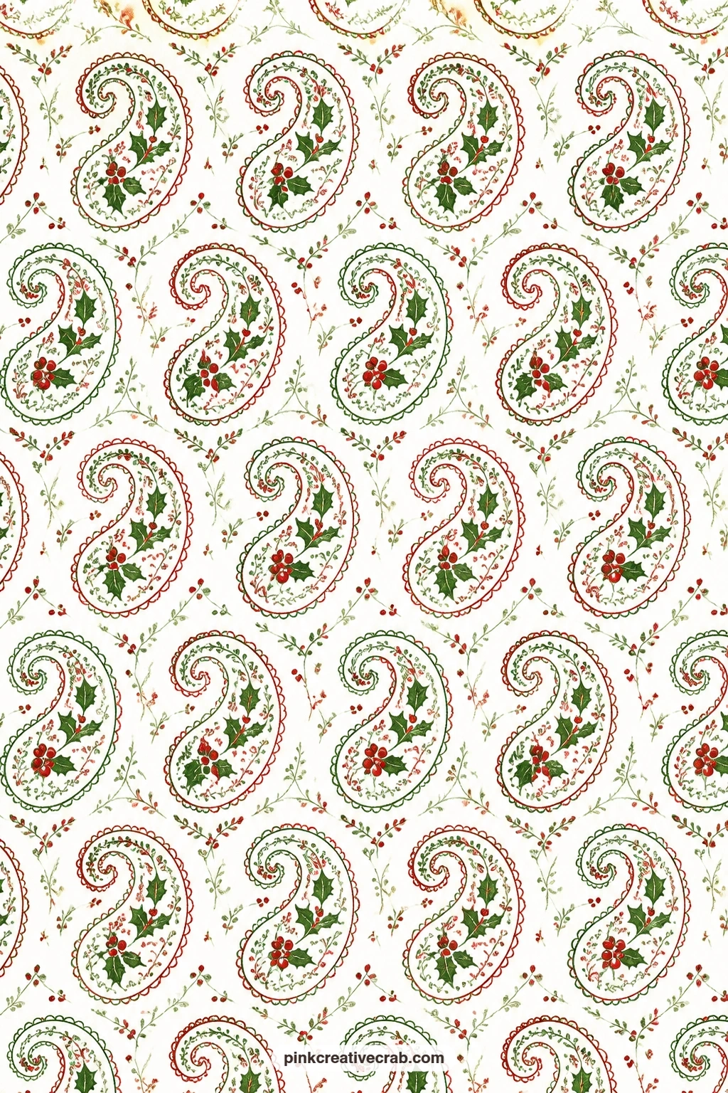 Christmas Paisley Paper printable page — This green and red paisley on white pairs nicely with the holly damask paper above for a layered card front, one as