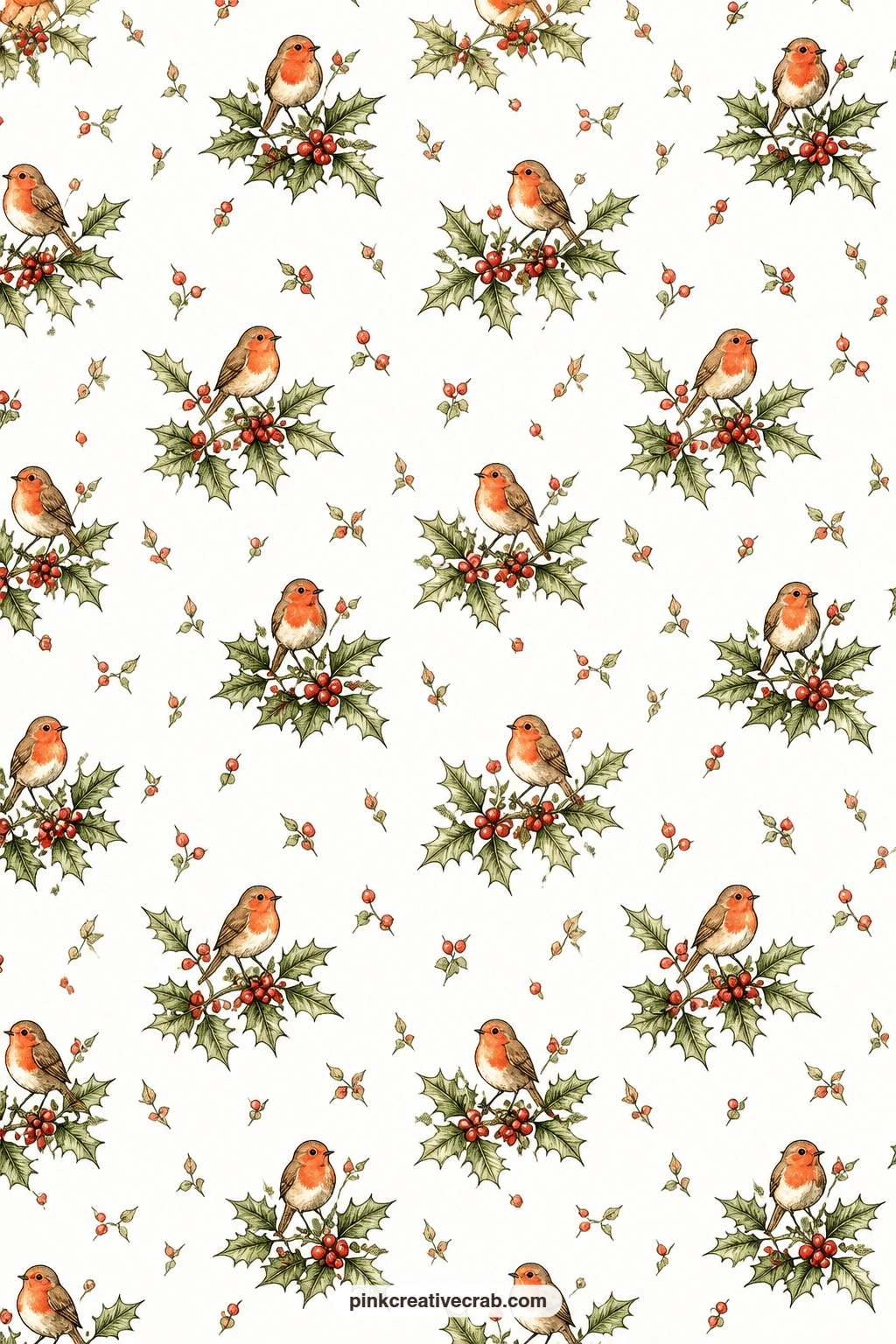 Robins and Holly Paper printable page — Robins perched among holly sprigs on white suit a folio cover for holiday letters, keeping the look gentle for anyone