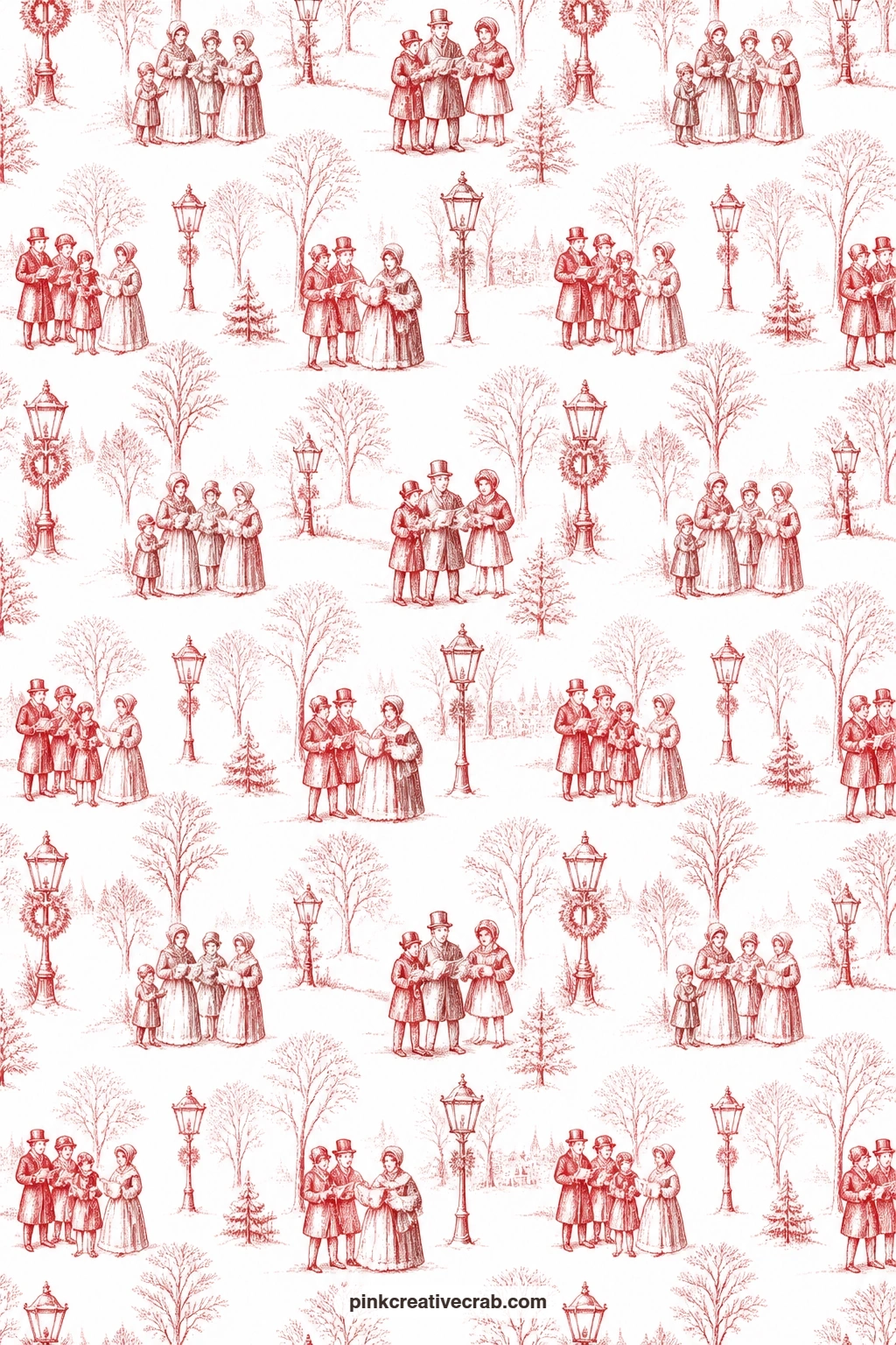 Caroler Toile Paper printable page — A red toile of carolers singing under gas lamps makes a striking book cover, printed at full size and wrapped around a