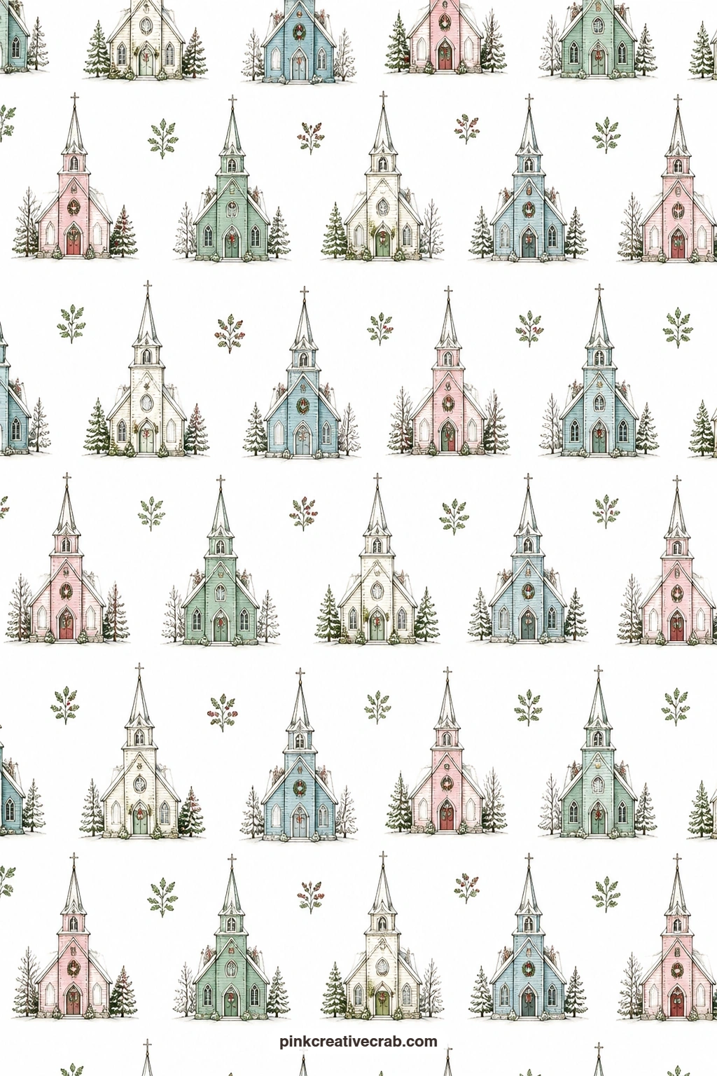 Snow Covered Church Village Paper printable page — Snow covered churches repeating in a small village line a gift box lid handsomely, and the white ground