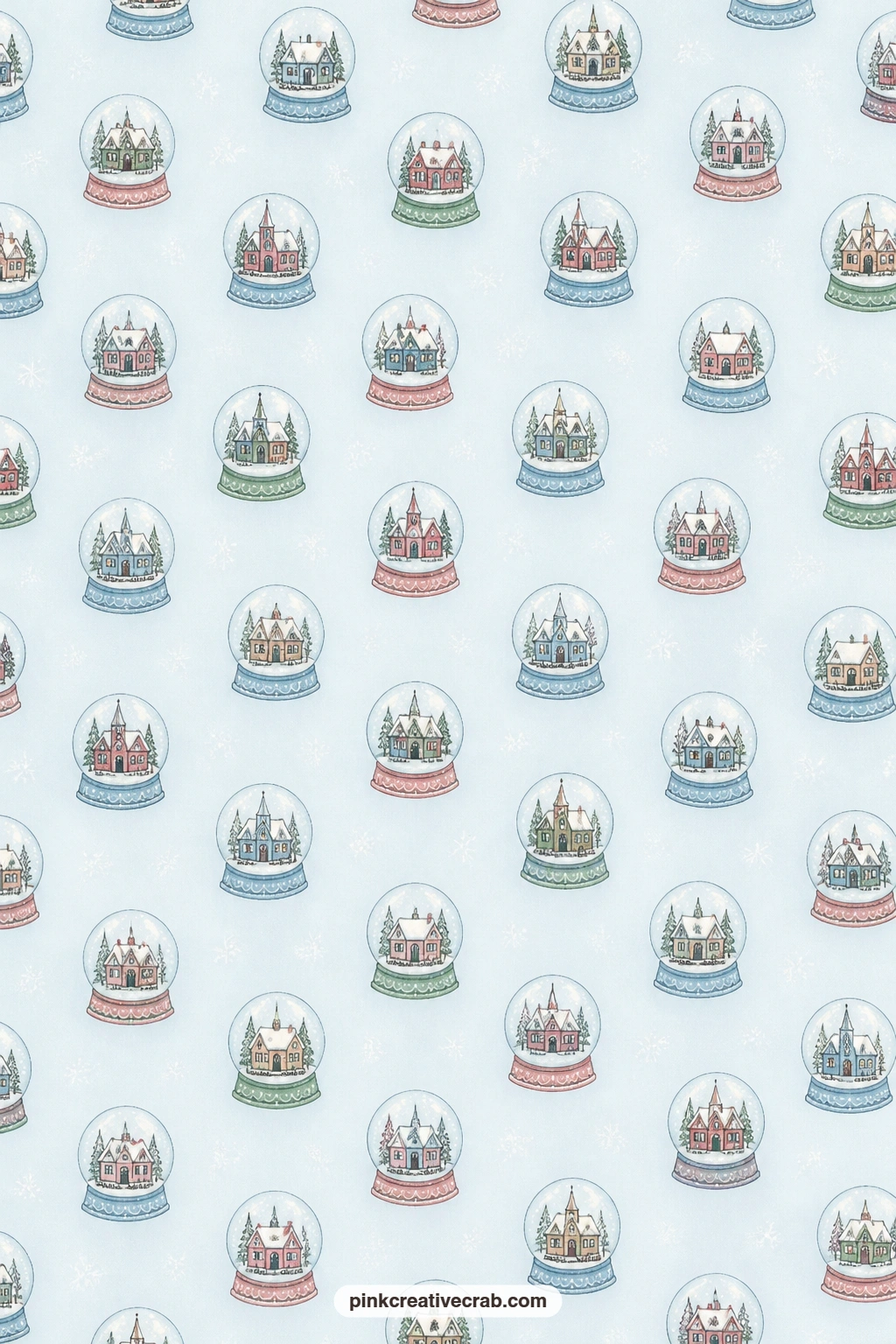 Snow Globe Paper printable page — Snow globes holding tiny villages, tossed across pale blue, work nicely as a pocket lining for an envelope tucked into a