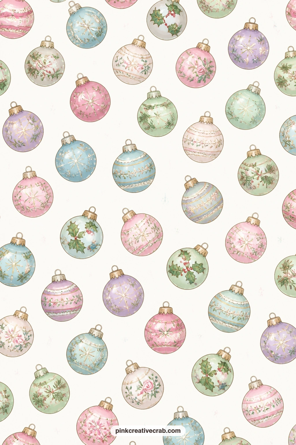 Glass Ornament Toss Paper printable page — Old glass ornaments in pastel colors, tossed loosely on white, make a lively journal page base under a photo of a