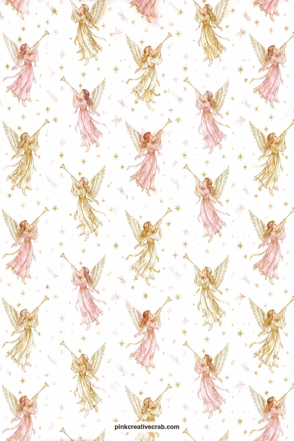 Trumpeting Angels Paper printable page — Angels with trumpets in gold and pink on white suit a card mat behind a sticker, giving a greeting card a gentle