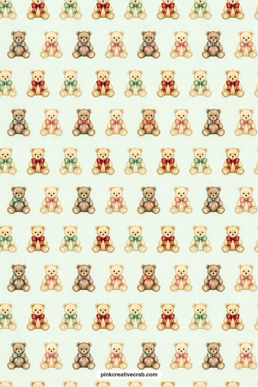Vintage Teddy Bear Paper printable page — Vintage teddy bears with bows on pale mint make a sweet book cover for a child's holiday keepsake album, or a