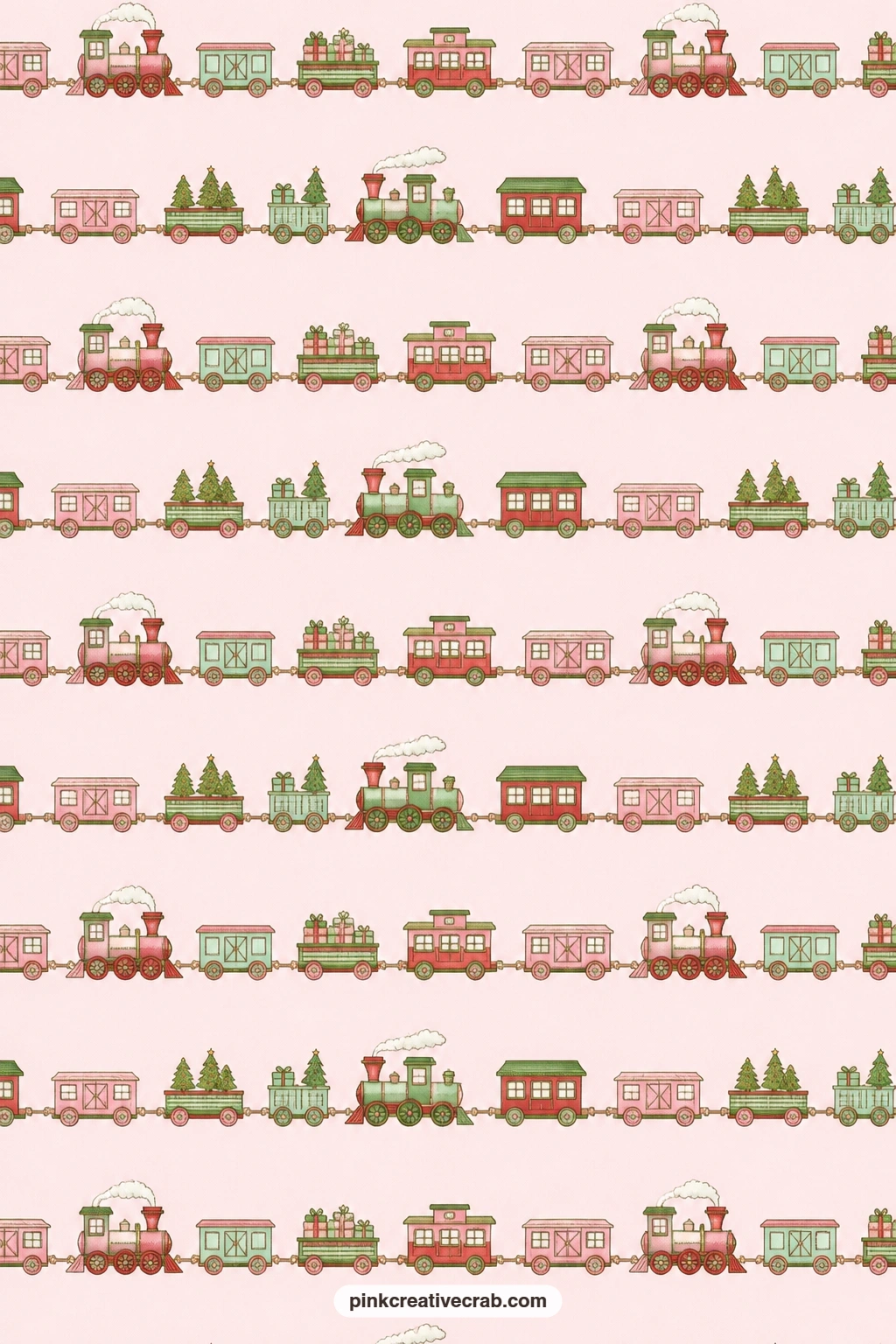 Toy Train Rows Paper printable page — Vintage toy trains in rows on pale pink suit a pocket lining for a card that opens to reveal a small note, echoing the
