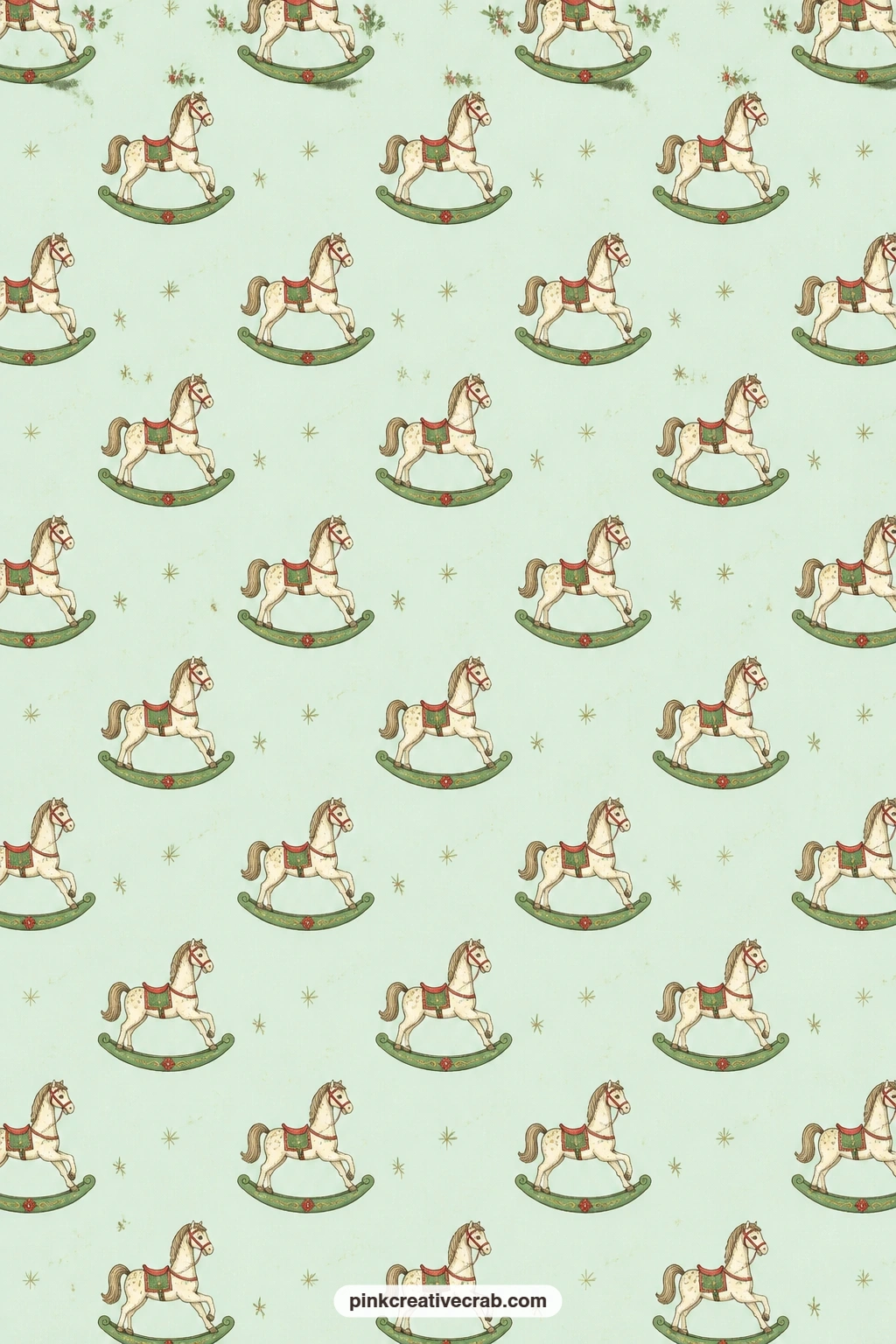 Rocking Horse Paper printable page — Vintage rocking horses on pale mint pair well with the vintage teddy bear paper above, giving a nursery themed gift set a