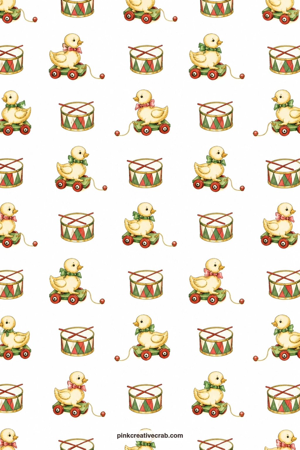 Pull Along Toy Paper printable page — Pull-along toy ducks and drums on white make a playful wrapping sheet for a children's gift, light enough to fold neatly