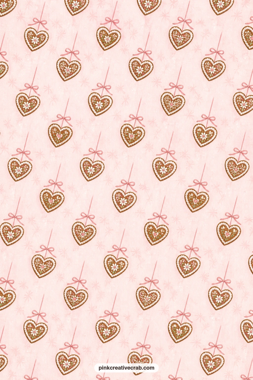 Gingerbread Heart Paper printable page — Gingerbread hearts on ribbons on pale pink make a cozy card mat behind a die cut shape, and the pale pink keeps it