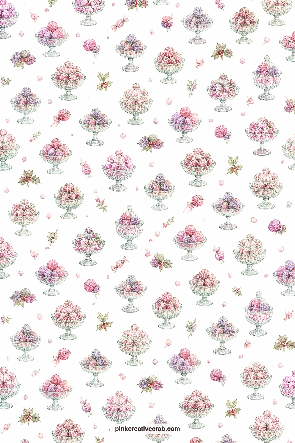Sugar Plum Paper printable page — Sugar plums and glass candy dishes on white suit wrapping a small box of treats, giving the gift an old confectioner's shop