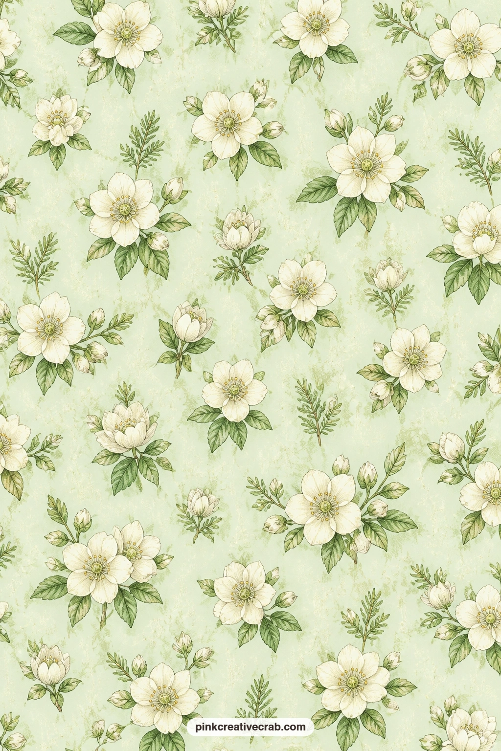 Christmas Rose Paper printable page — White Christmas roses on a pale green ground make a soft journal page base, pairing easily with botanical ephemera for