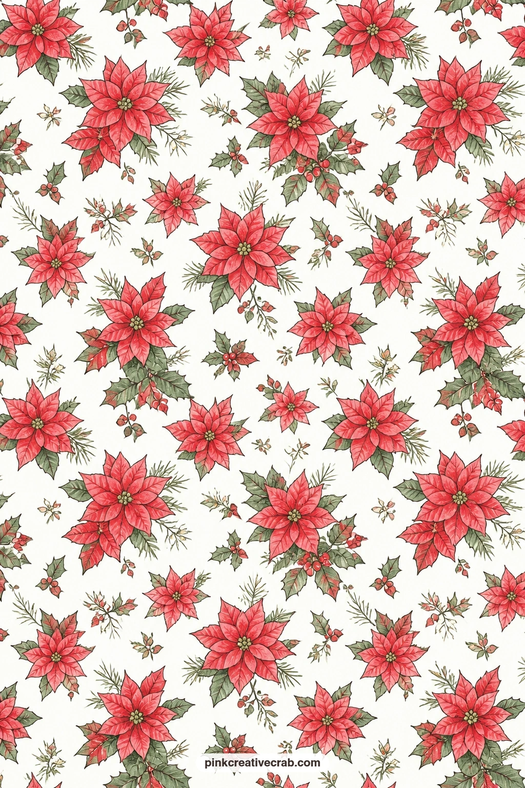Poinsettia Chintz Paper printable page — Poinsettias in a vintage chintz on white suit a book cover for a recipe folder, carrying the classic holiday bloom in