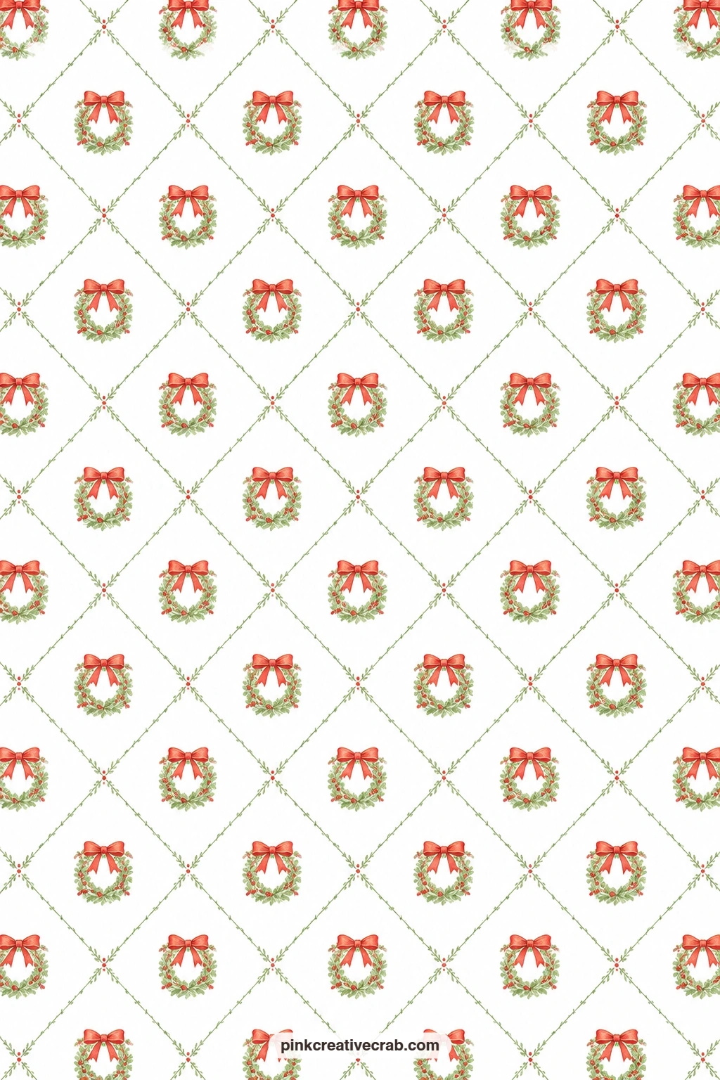 Wreath Lattice Paper printable page — Wreaths with red bows set in a lattice on white make a tidy card mat behind a greeting, the lattice lines giving the card