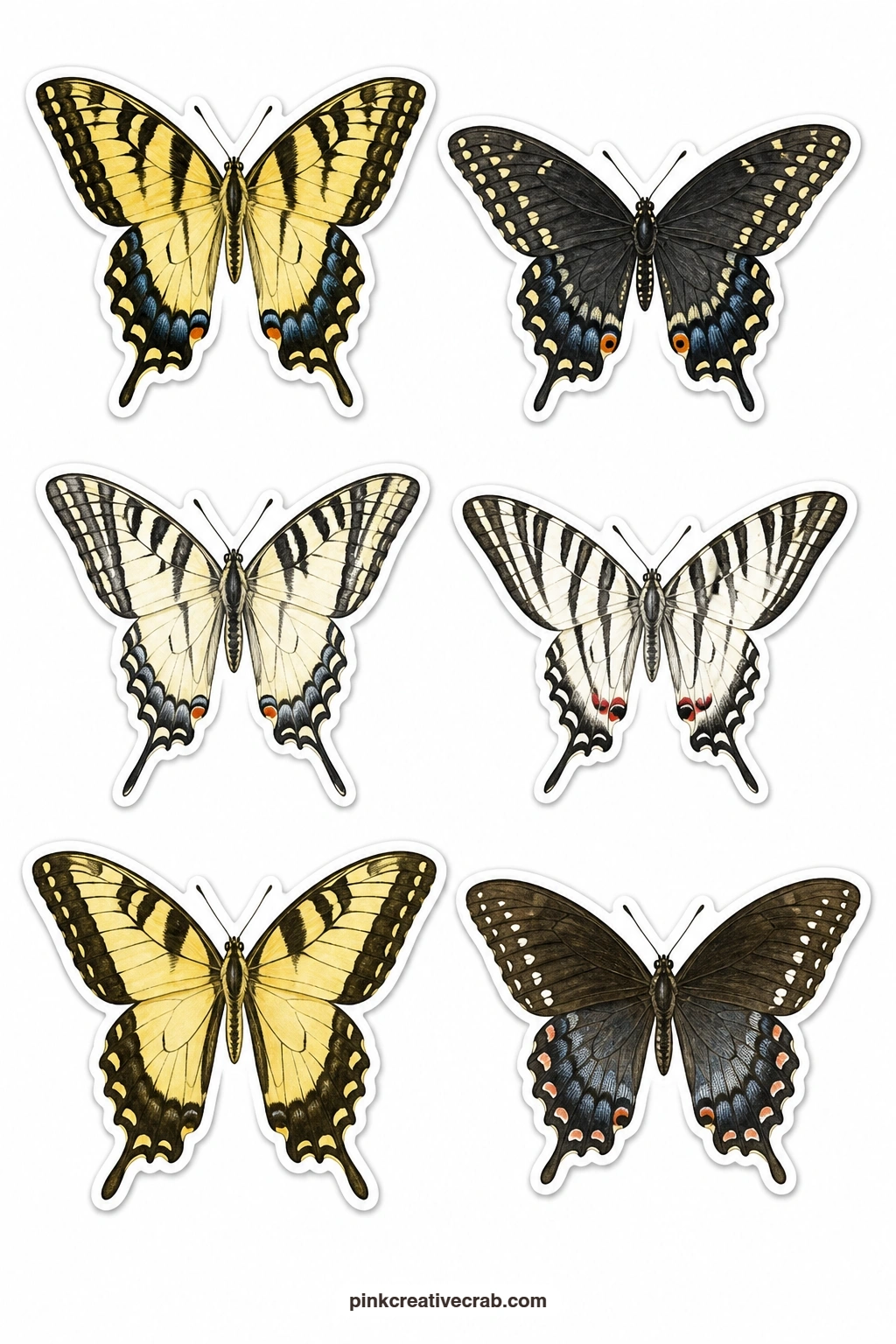 Swallowtails Stickers printable page — Six swallowtails sit wing to wing on this sheet: a tiger swallowtail, a black swallowtail, a scarce swallowtail, a zebra