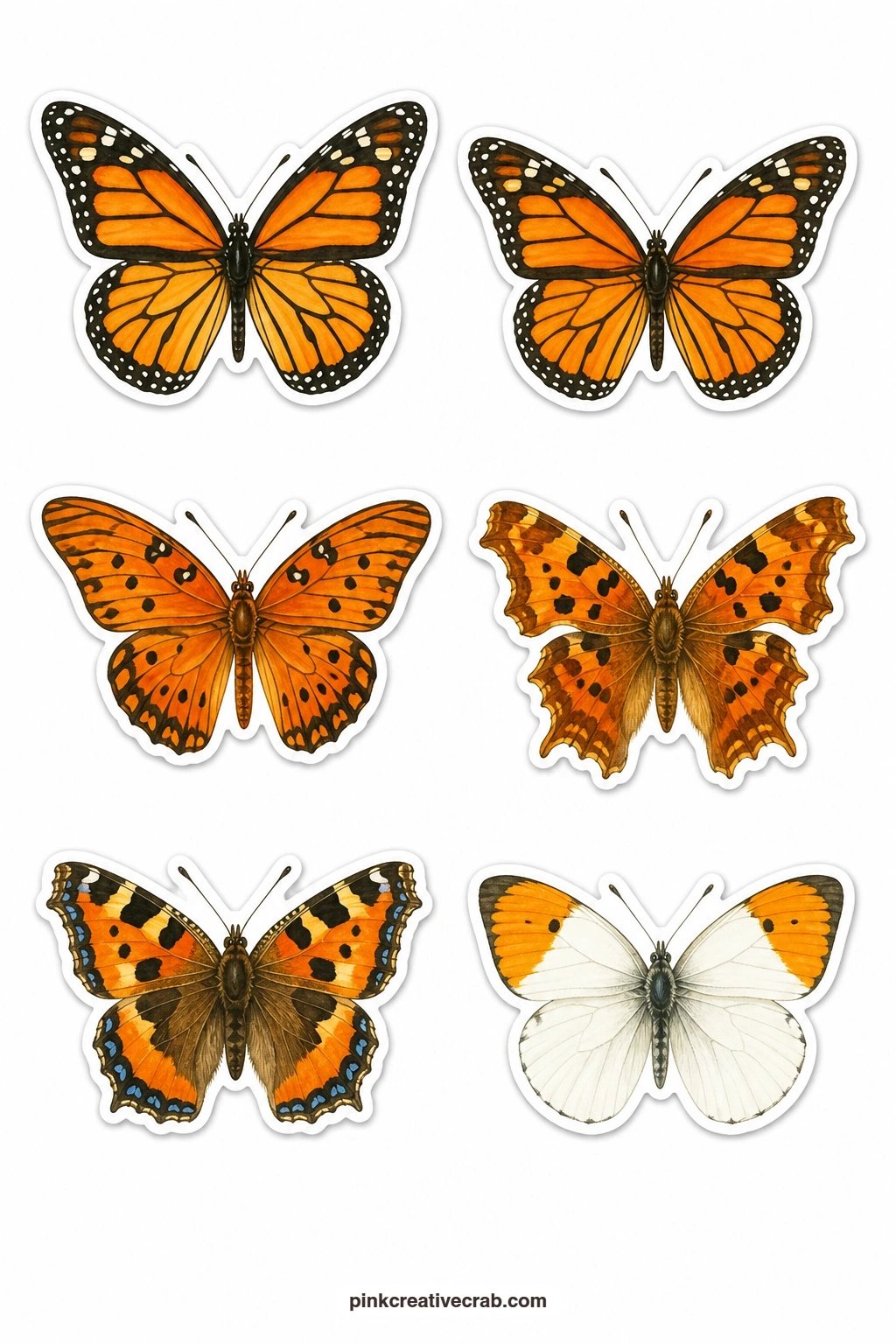 Orange Wings Stickers printable page — A monarch, a viceroy, a gulf fritillary, a comma, a small tortoiseshell and an orange tip bring six warm, patterned