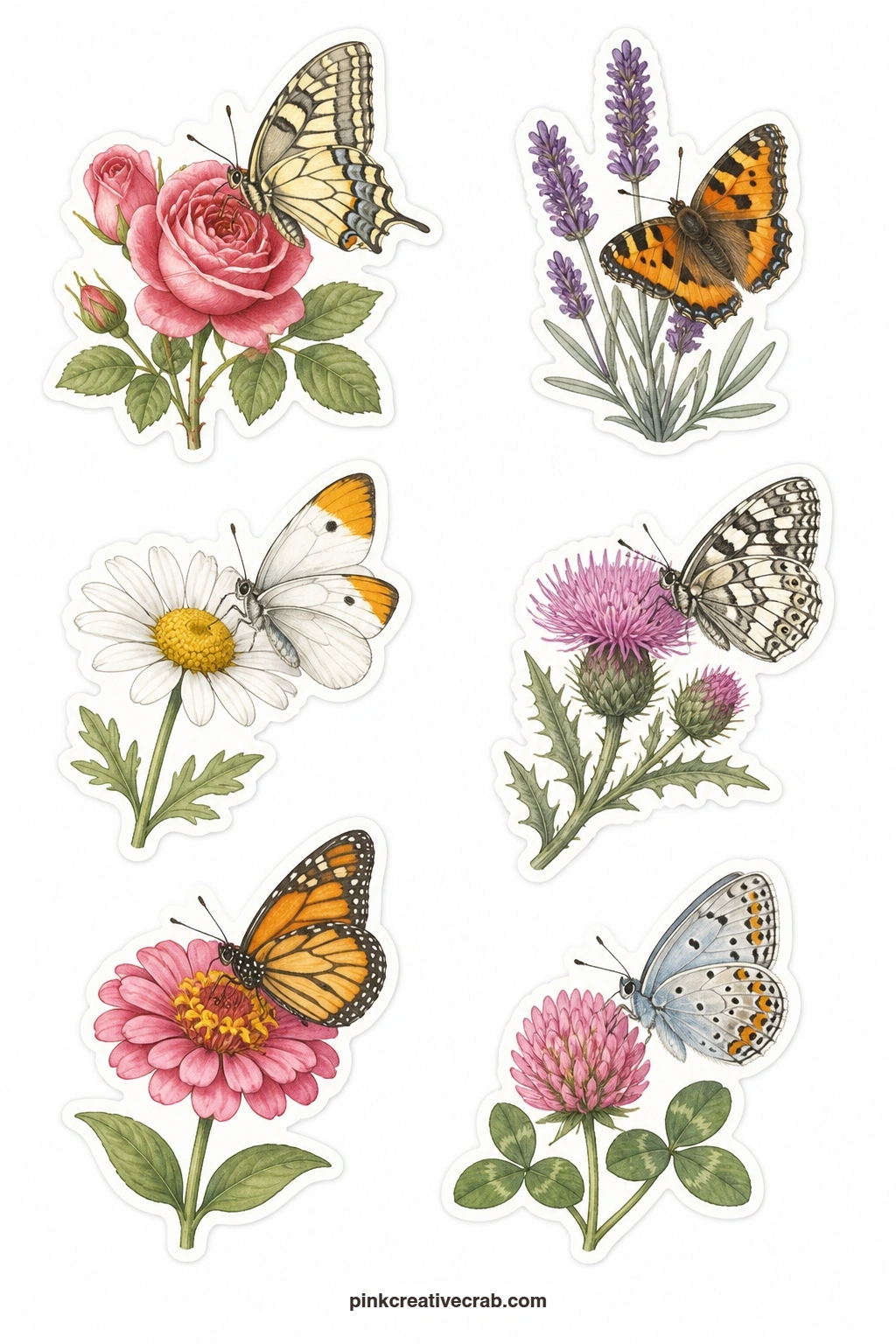 Butterflies On Flowers Stickers printable page — Each butterfly here rests on a different bloom: a rose, lavender, a daisy, a thistle, a zinnia and clover, six