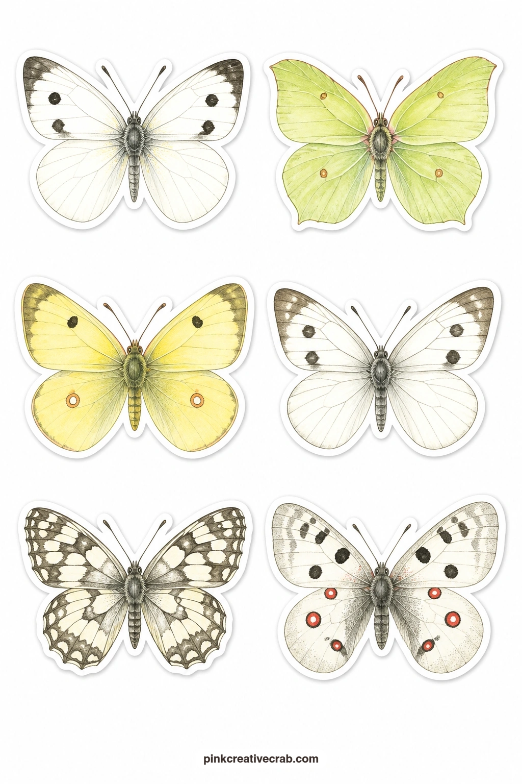 Pale Butterflies Stickers printable page — Soft, pale wings make up this sheet: a cabbage white, a brimstone, a clouded yellow, a wood white, a marbled white
