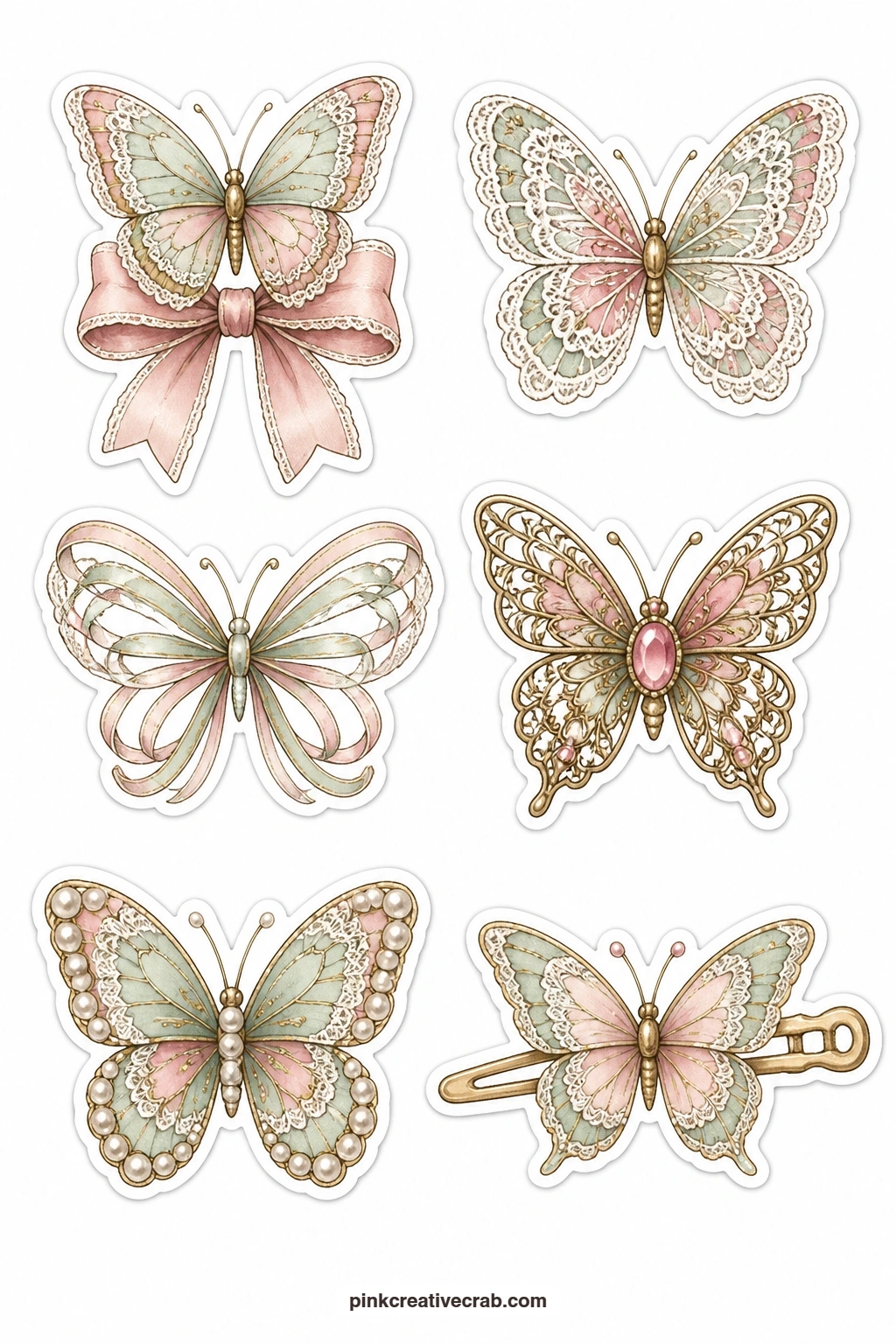 Lace And Ribbon Butterflies Stickers printable page — Dressier wings fill this sheet, each decorated rather than plain: a butterfly on a bow, a lace butterfly