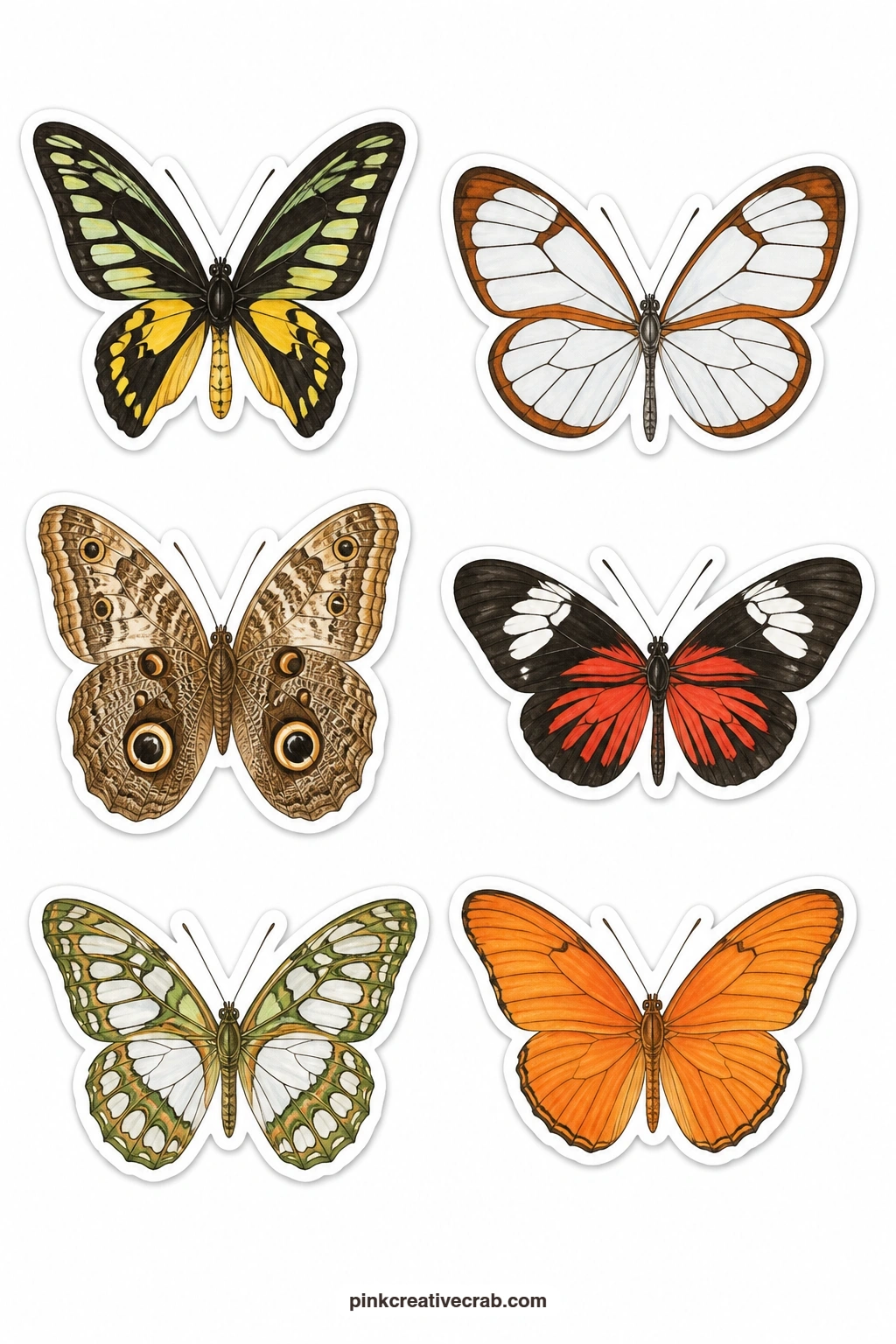 Tropical Butterflies Stickers printable page — Six large, patterned wings from warmer places sit on this sheet: a birdwing, a glasswing, an owl butterfly, a