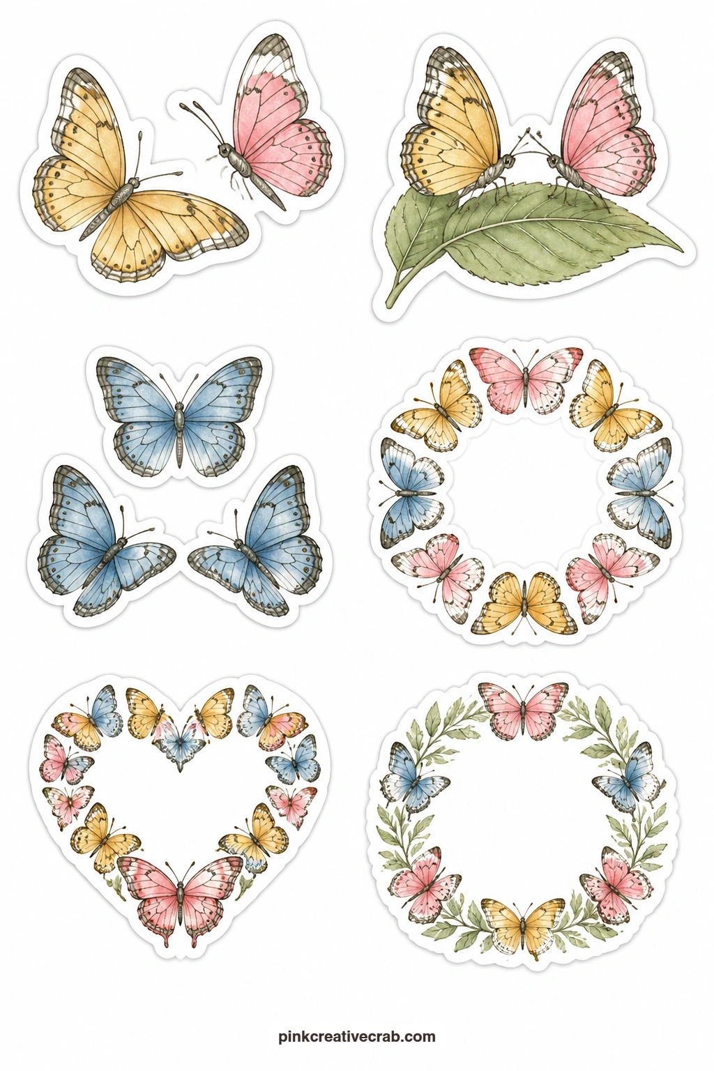 Pairs And Groups Stickers printable page — Instead of single wings, this sheet groups them: two butterflies in flight, a pair resting on a leaf, a trio of