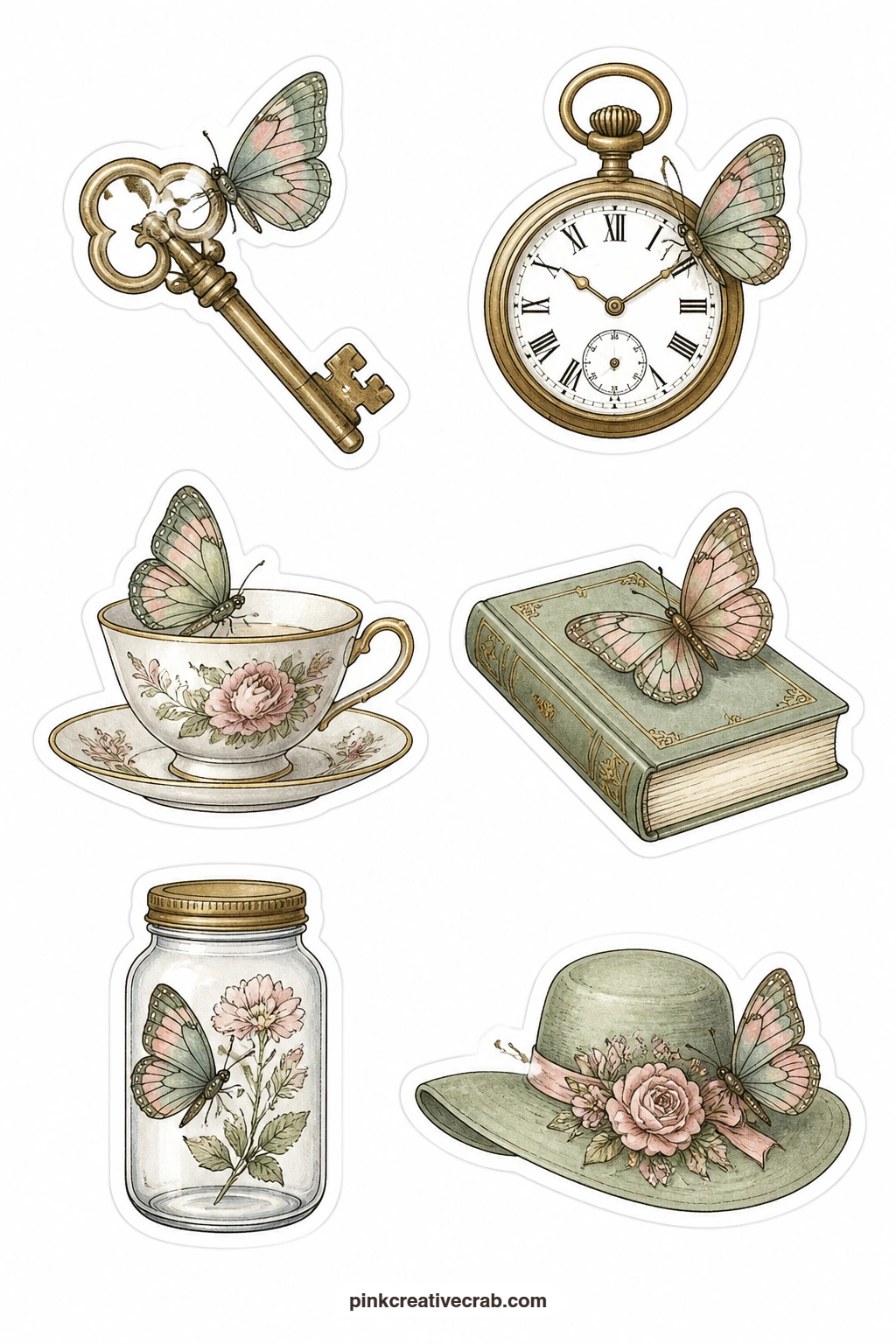 Butterflies On Old Things Stickers printable page — Six small vintage objects each carry a butterfly: a skeleton key, a pocket watch, a teacup, a book, a jar