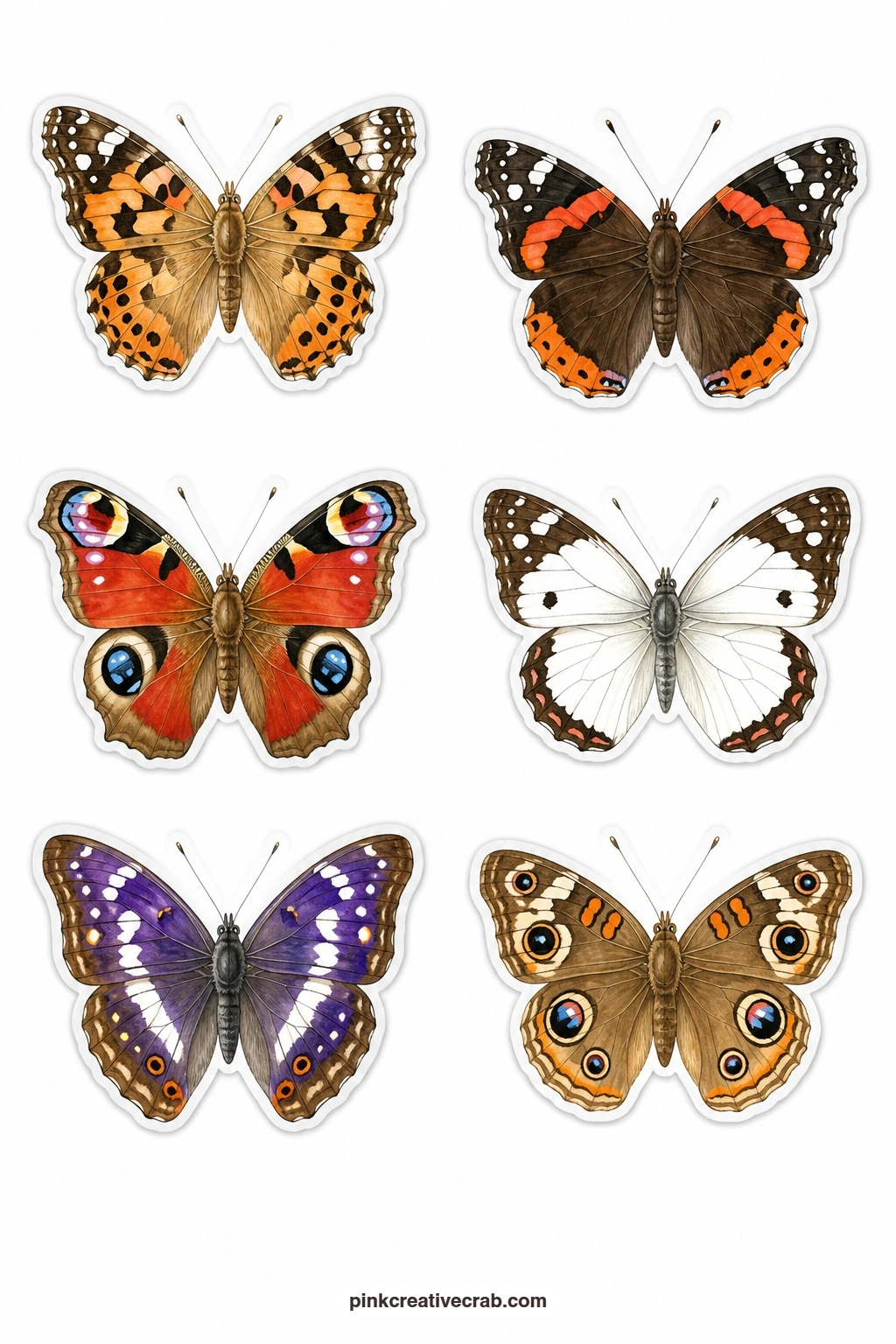 Painted Ladies And Admirals Stickers printable page — Six patterned wings make up this sheet: a painted lady, a red admiral, a peacock butterfly, a white