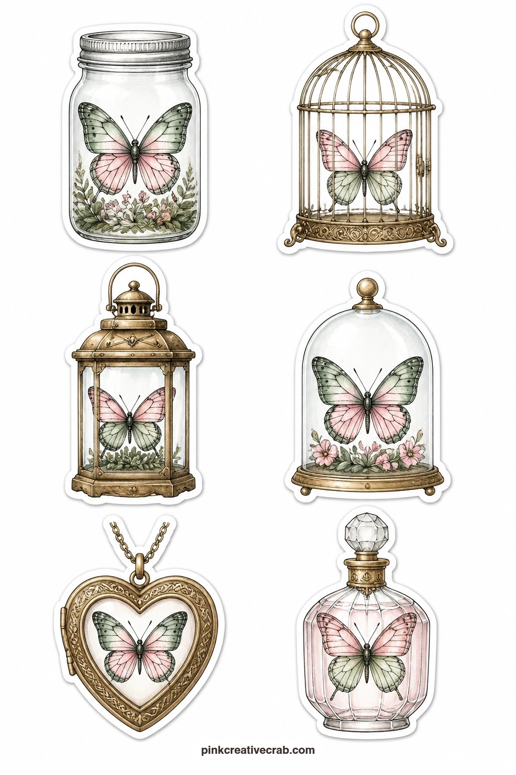 Butterflies In Jars And Cages Stickers printable page — Six butterflies are shown kept somewhere pretty on this sheet: a mason jar, a birdcage, a lantern