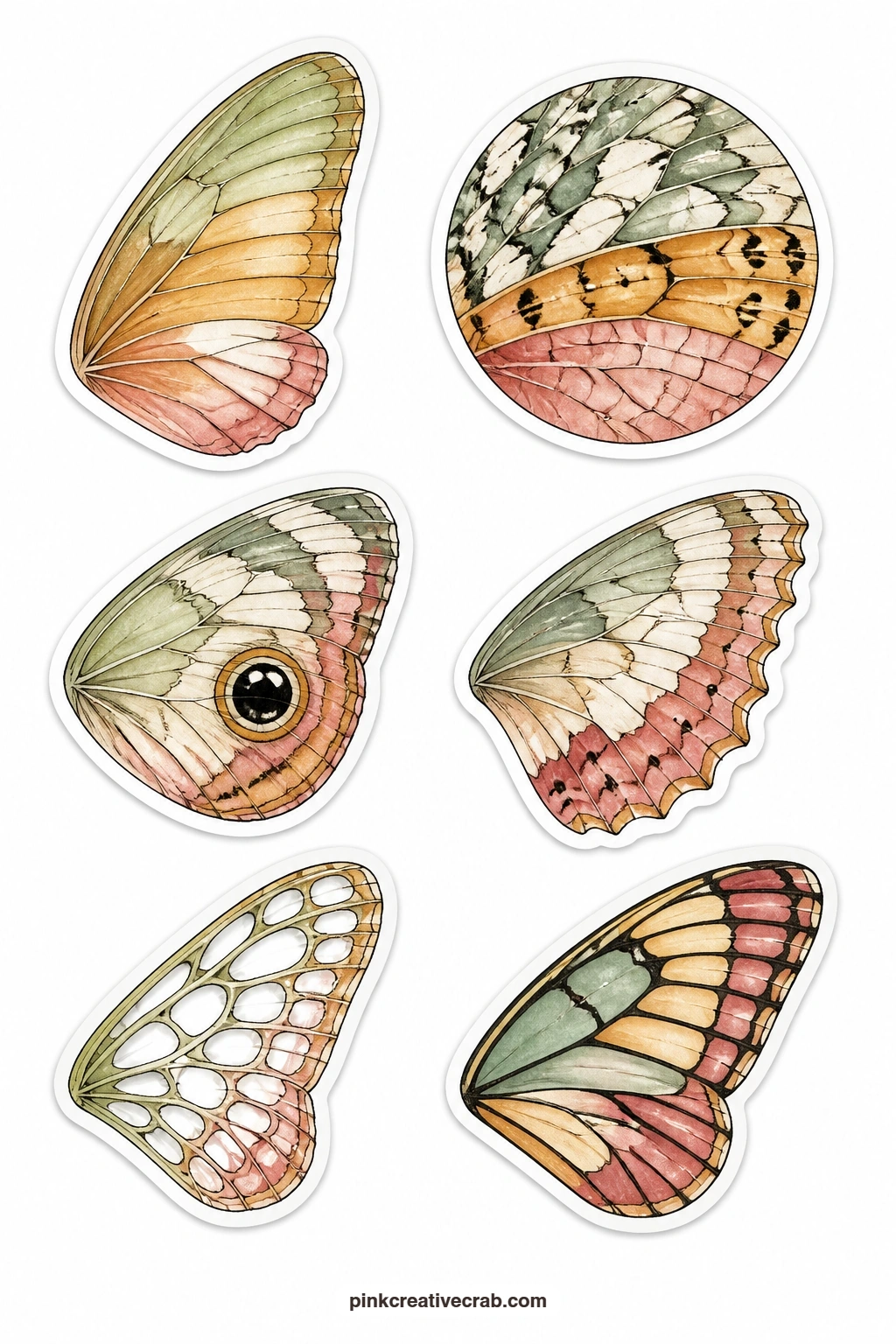 Wings Close Up Stickers printable page — This sheet zooms right into the wing itself: a single wing, a wing pattern circle, an eyespot wing, a scalloped wing