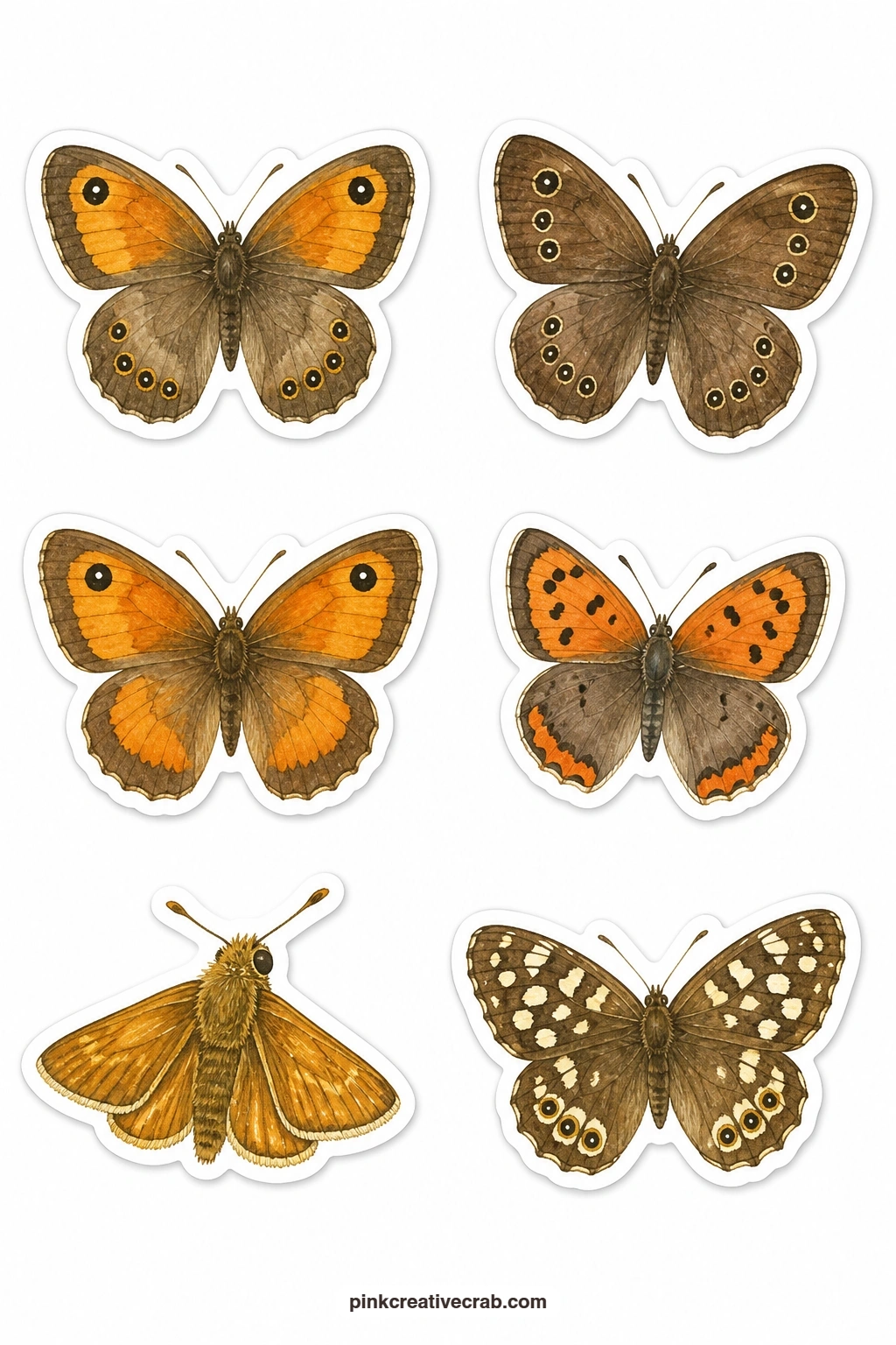 Garden Butterflies Stickers printable page — The set closes on a quiet, familiar note with six garden regulars: a meadow brown, a ringlet, a gatekeeper, a