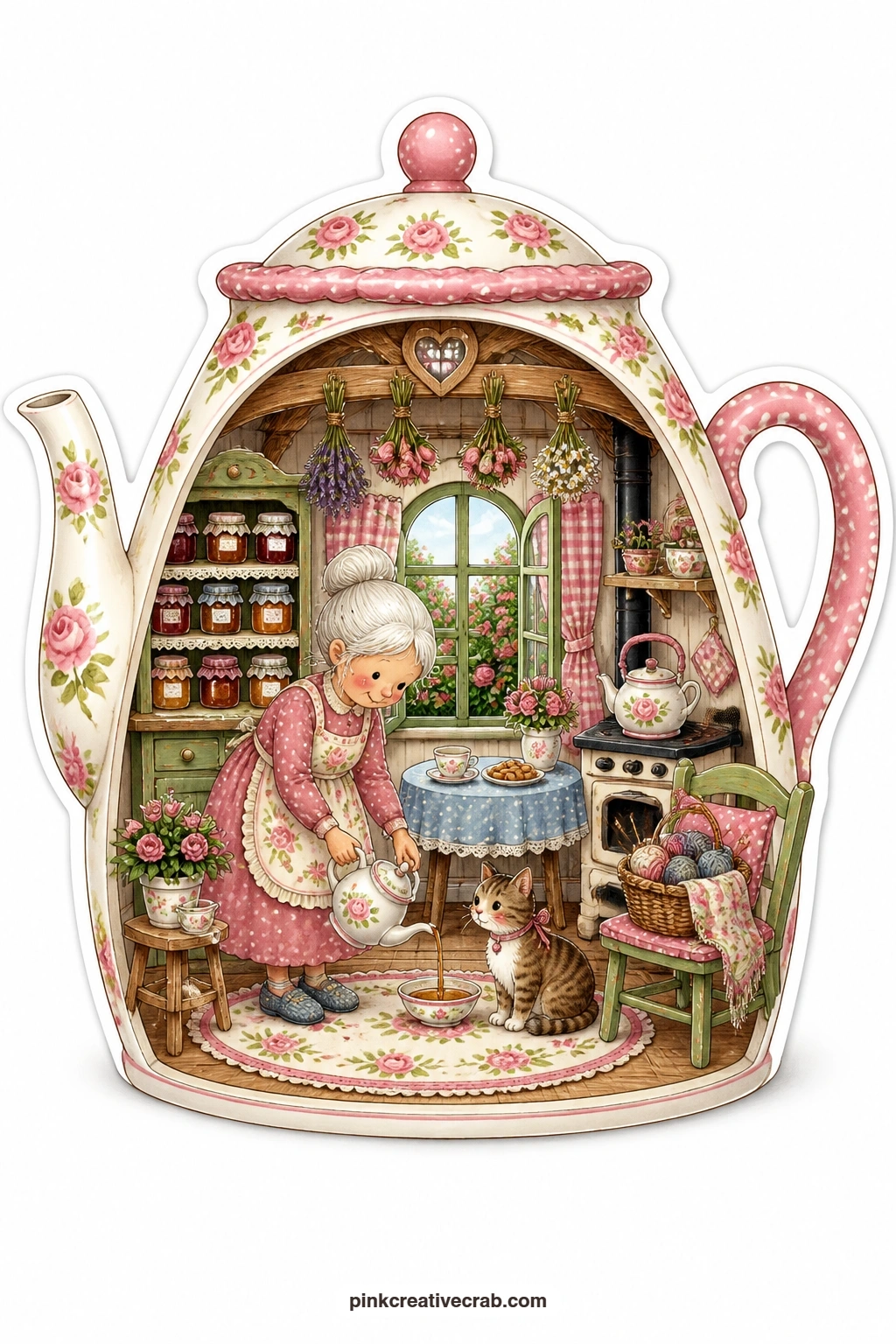The Teapot Cottage printable page — Pouring tea for her tabby cat beside a crowded jam shelf, this teapot cottage makes a gentle thank you card for a friend