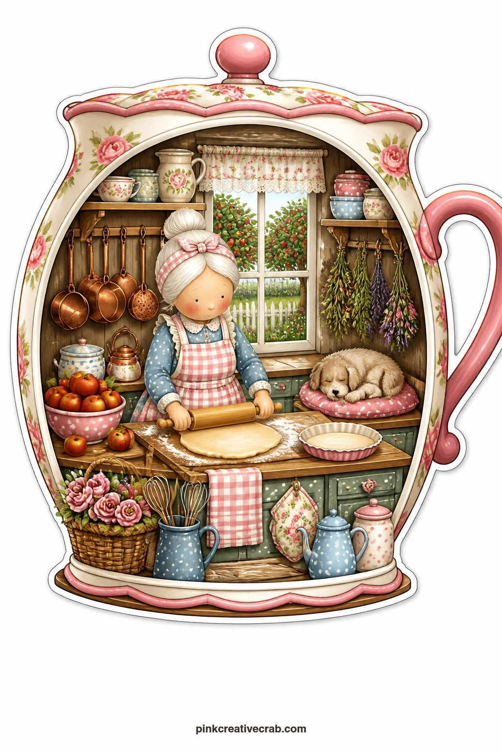 The Teacup Kitchen printable page — An elderly woman rolls out pastry beside a waiting pie dish while her dog naps by the stove, with apple trees filling the