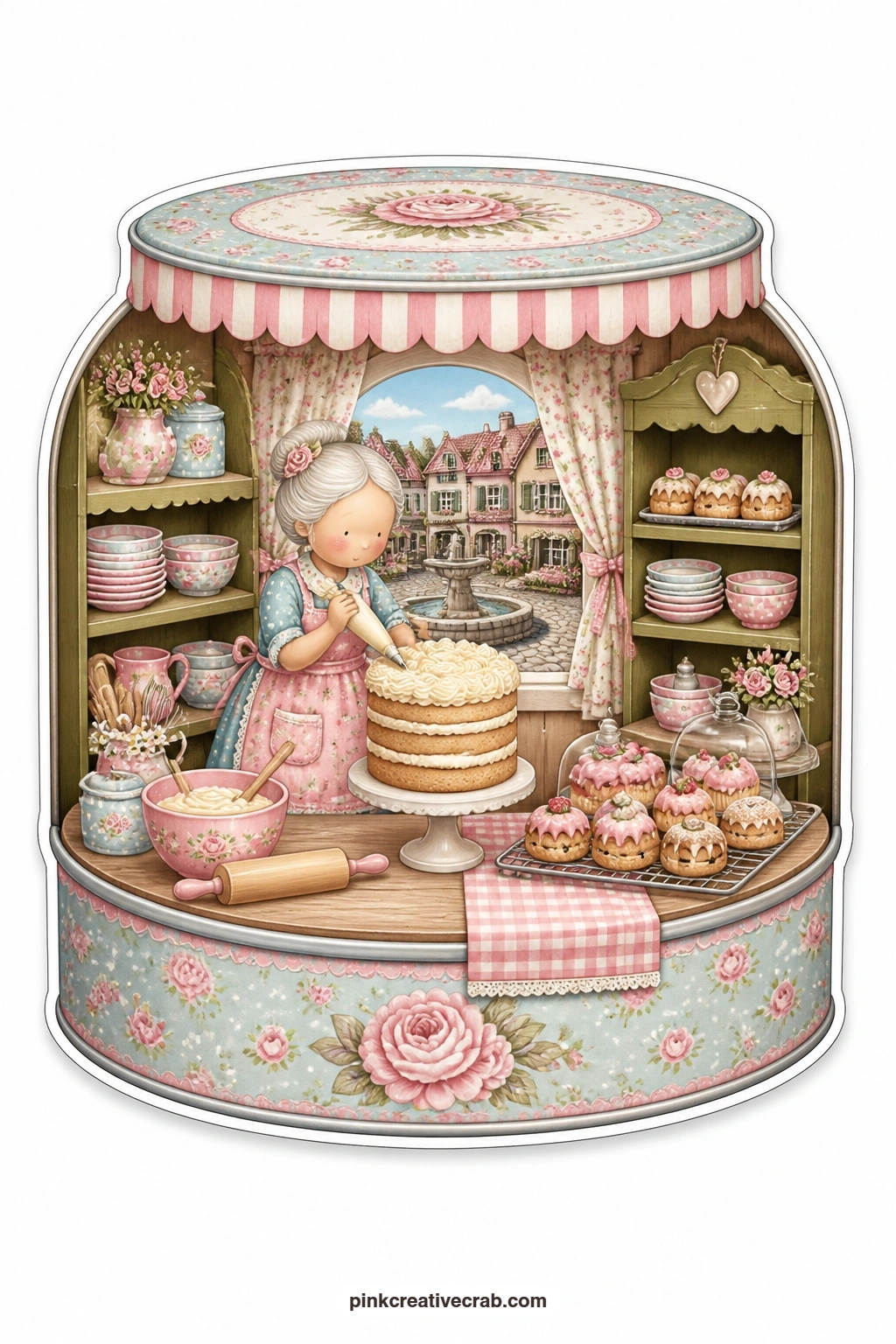 The Cake Tin Bakery printable page — Piping swirls of cream onto a tall layer cake beside a cooling rack, this elderly baker turns a simple cake tin into a