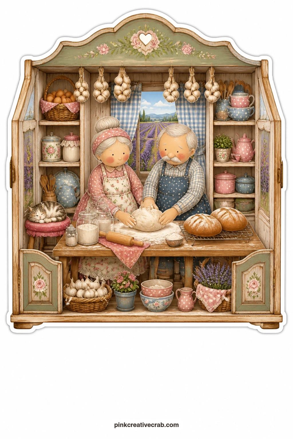 The Recipe Box Kitchen printable page — Baking bread side by side at a floury table, an elderly couple fill this recipe box kitchen with warmth, perfect for an