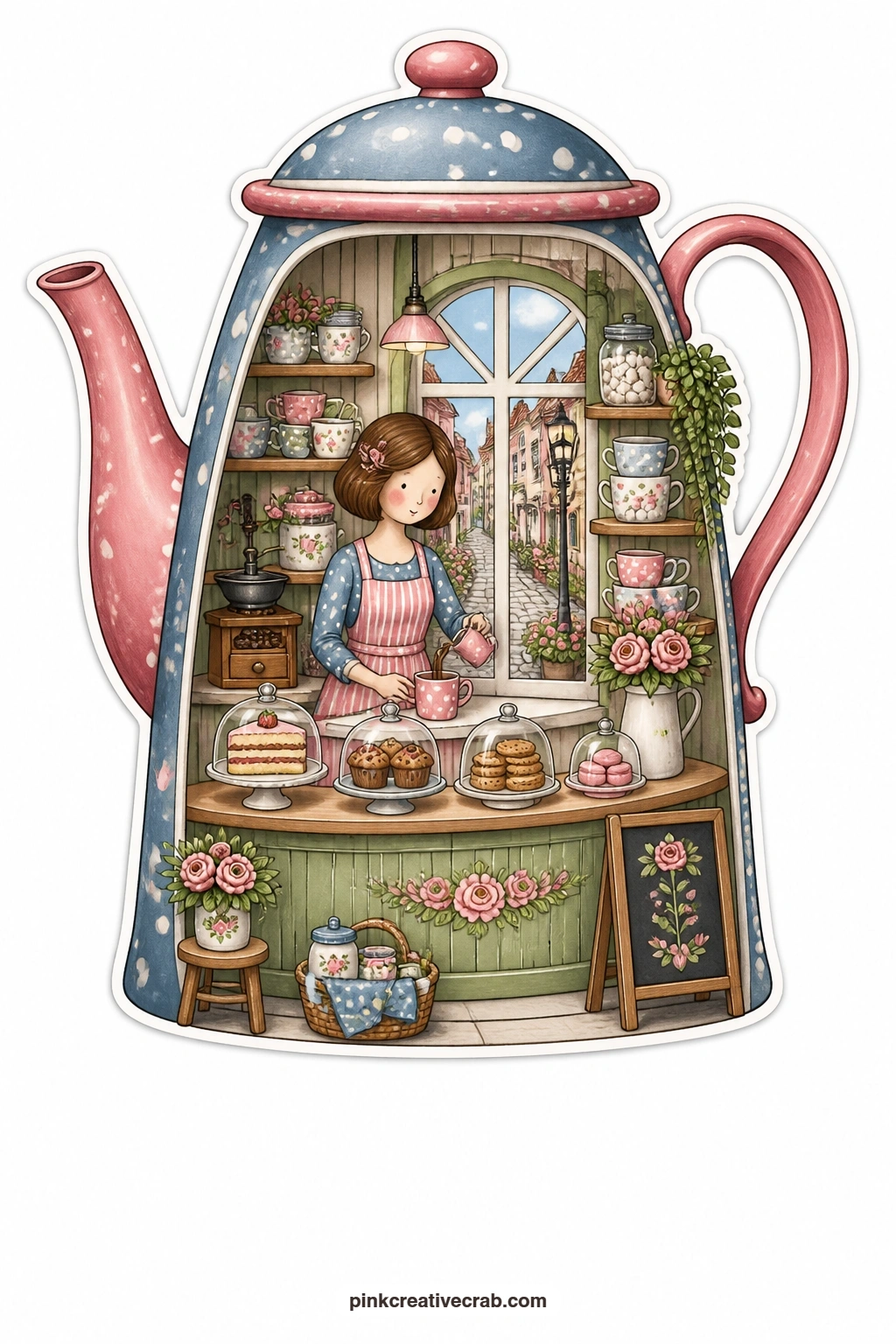 The Coffee Pot Cafe printable page — Serving cocoa at a tiny counter crowded with cake domes, this young woman's coffee pot cafe suits a cheerful card for a