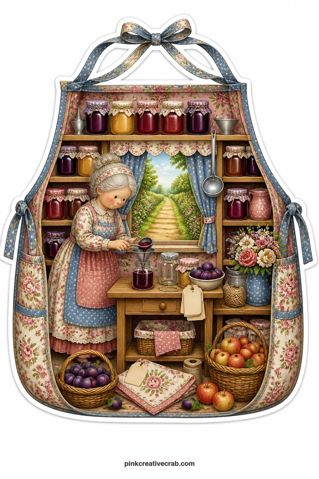 The Apron Pocket Pantry printable page — Filling jars of plum jam among baskets of fruit, an elderly woman turns an apron pocket into a tidy little pantry