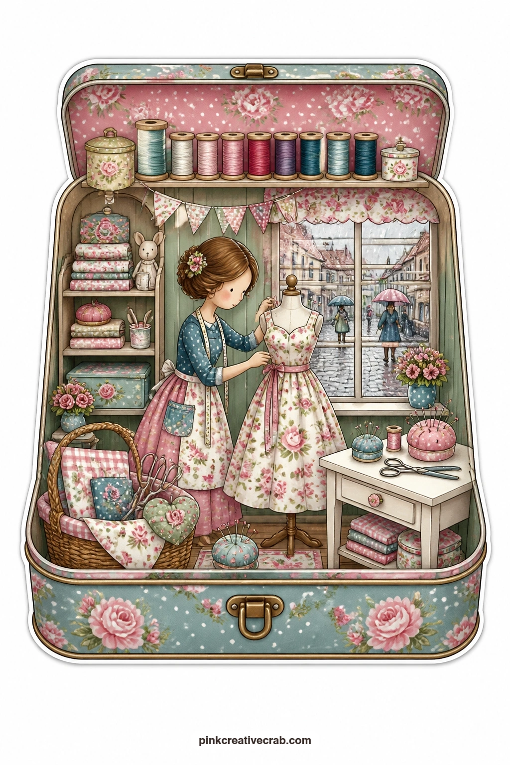 The Sewing Tin printable page — A young woman pins a floral dress onto a dress form inside this open sewing tin, surrounded by spools of thread, while rain