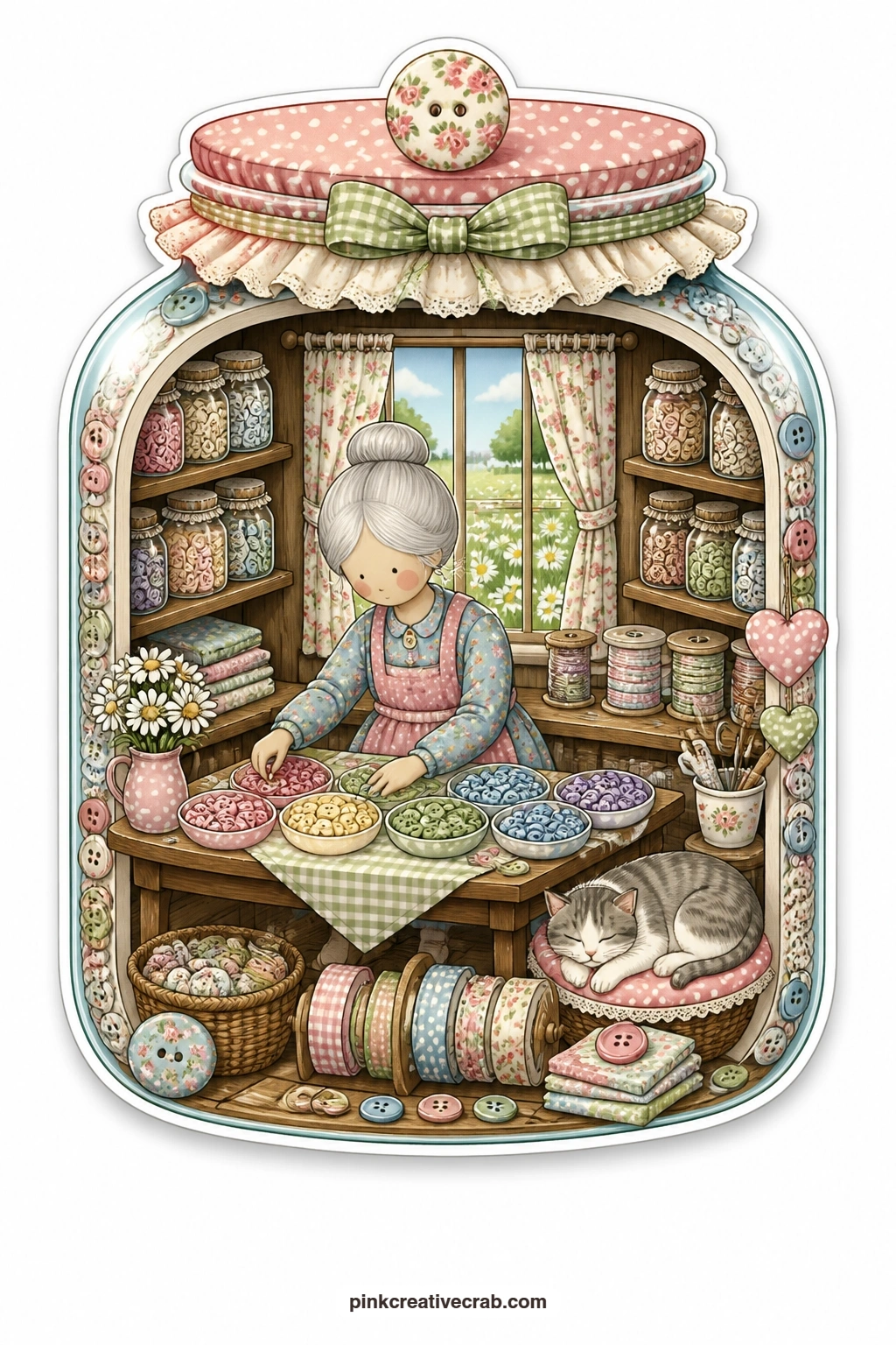 The Button Jar Cottage printable page — Sorting buttons at a small table while her cat naps in a basket nearby, this button jar cottage makes a sweet card for