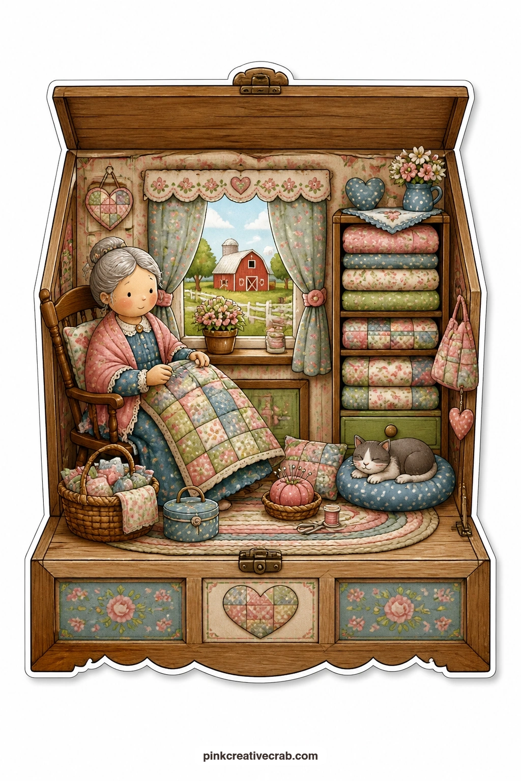 The Quilt Chest printable page — Stitching a patchwork quilt across her lap, an elderly woman sits in a chest opened like a little stage, a red barn resting