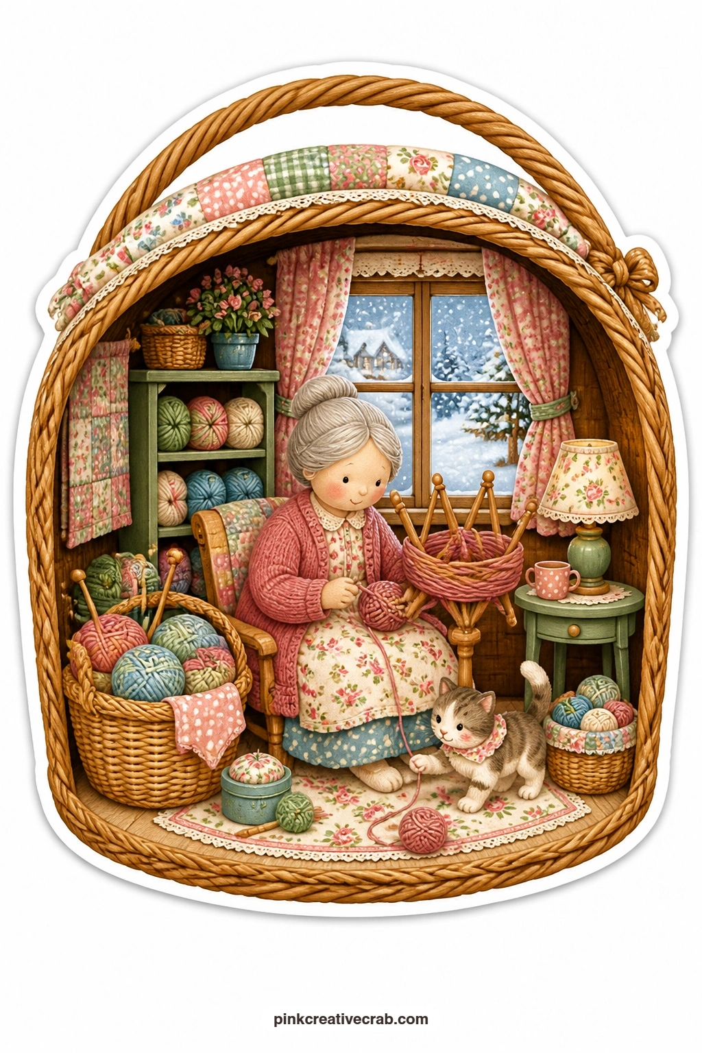 The Yarn Basket Nook printable page — Winding wool into a ball while a kitten chases the loose thread, this elderly woman's yarn basket nook is a gentle one to