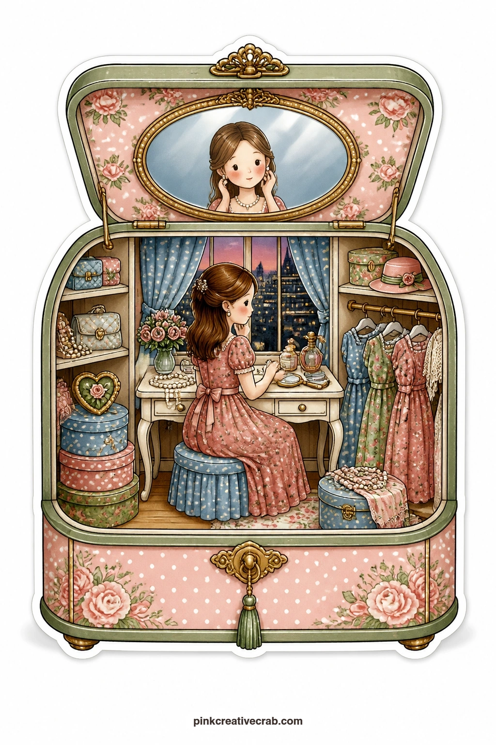 The Jewelry Box Dressing Room printable page — Pinning up her hair at a small vanity lined with pearls, a young woman gets ready for an evening out inside this