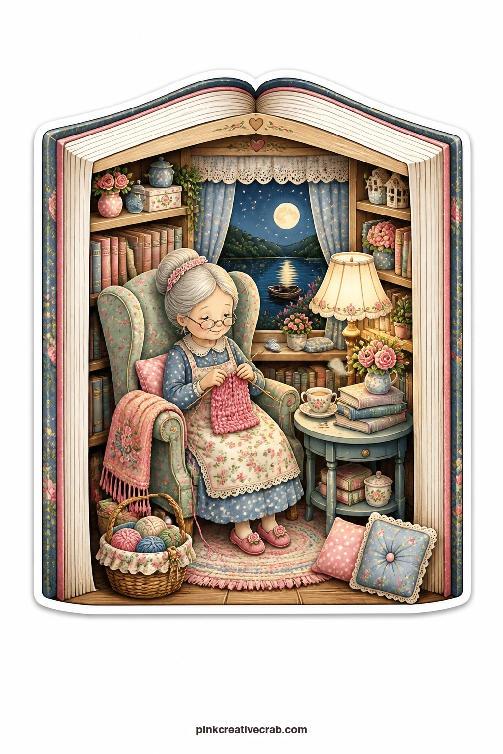 The Reading Nook Book printable page — Knitting by lamplight in a deep armchair, an elderly woman turns an open book into the cosiest reading nook of the whole