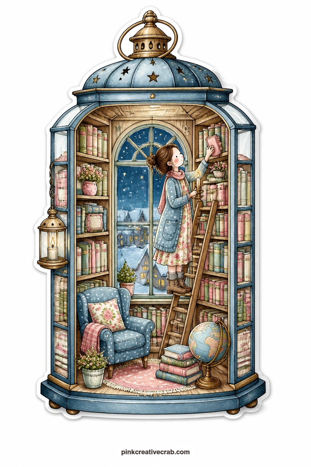 The Lantern Library printable page — Climbing a ladder toward tall shelves with a candle in hand, this young woman turns a lantern into a tiny library worth