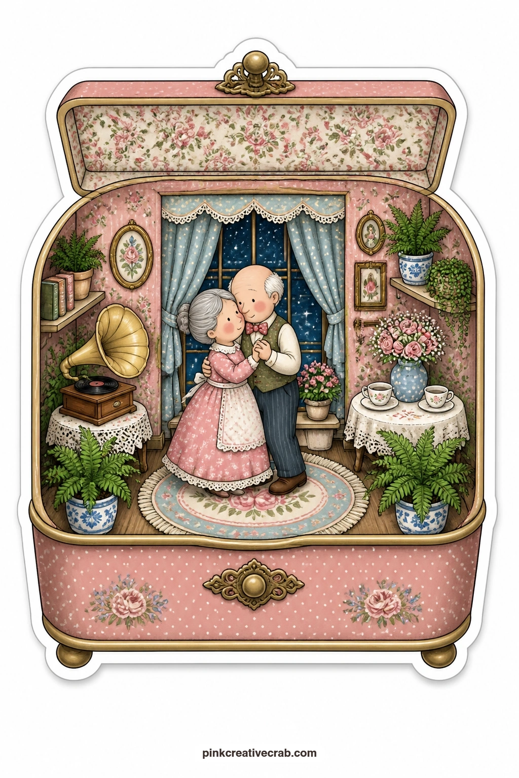 The Music Box Parlor printable page — An elderly couple dance slowly among potted ferns as the gramophone plays, this music box parlor a perfect card for a
