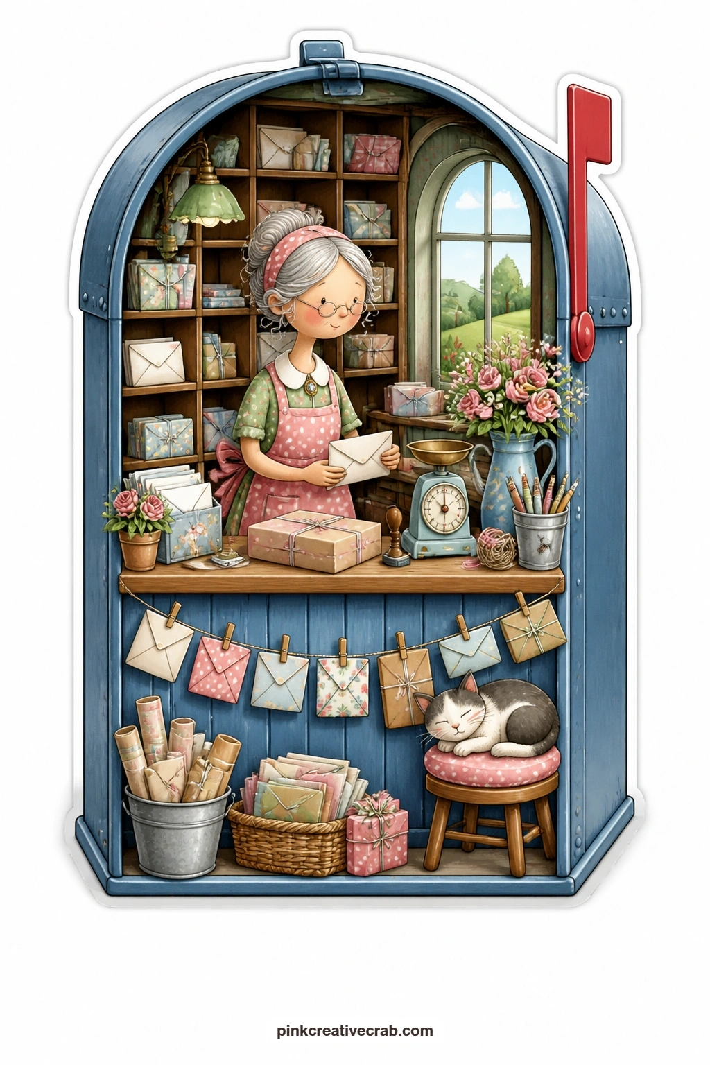 The Mailbox Post Office printable page — Sorting letters and parcels at a small counter while a sleepy cat dozes nearby, this elderly postmistress fills a