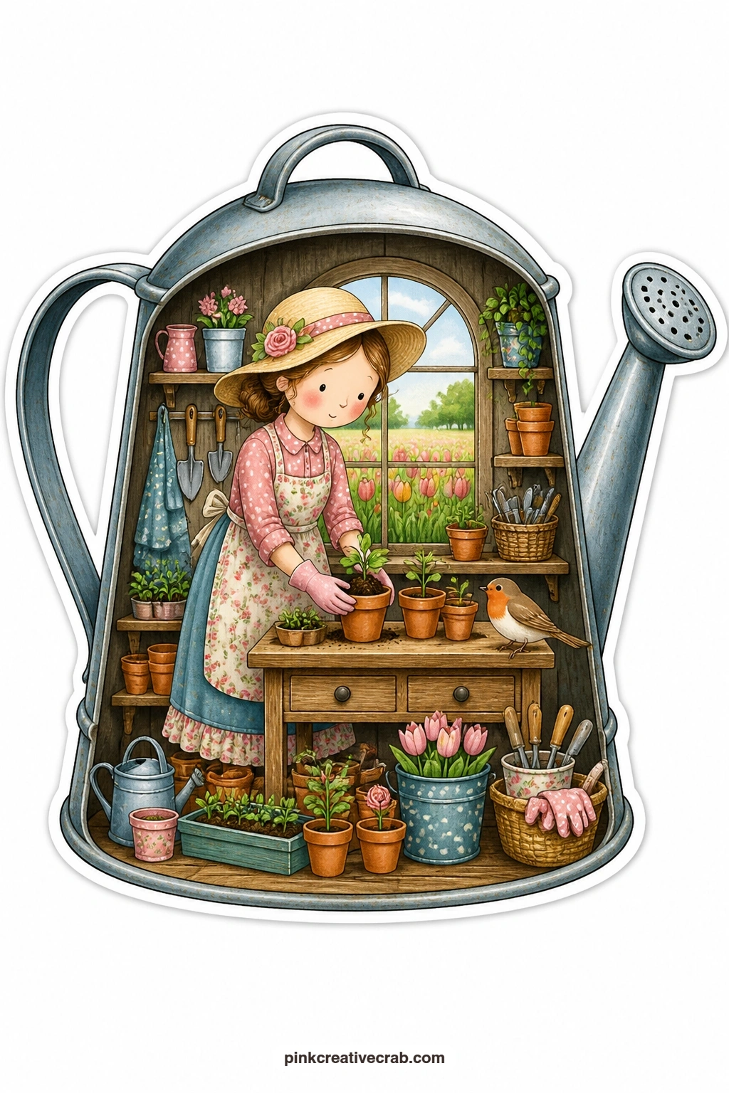 The Watering Can Greenhouse printable page — Potting seedlings on a wooden bench with a robin perched nearby, this watering can greenhouse brings fresh spring