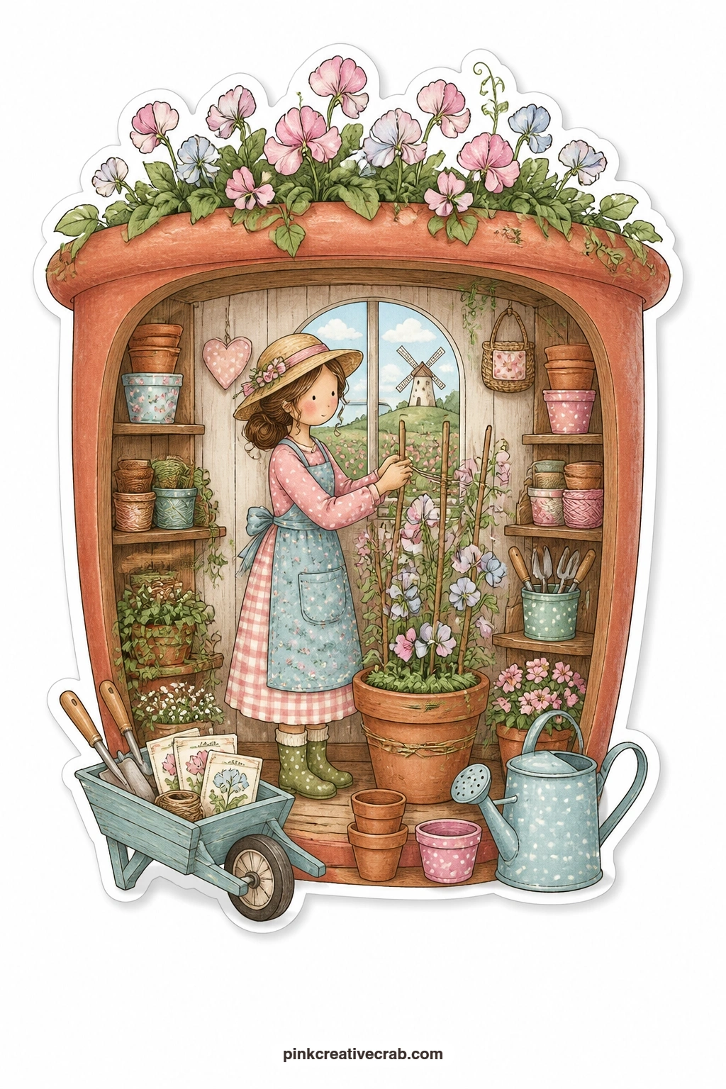 The Flower Pot Potting Shed printable page — Tying sweet peas to canes beside a wheelbarrow of tools, a young woman fills this flower pot potting shed with