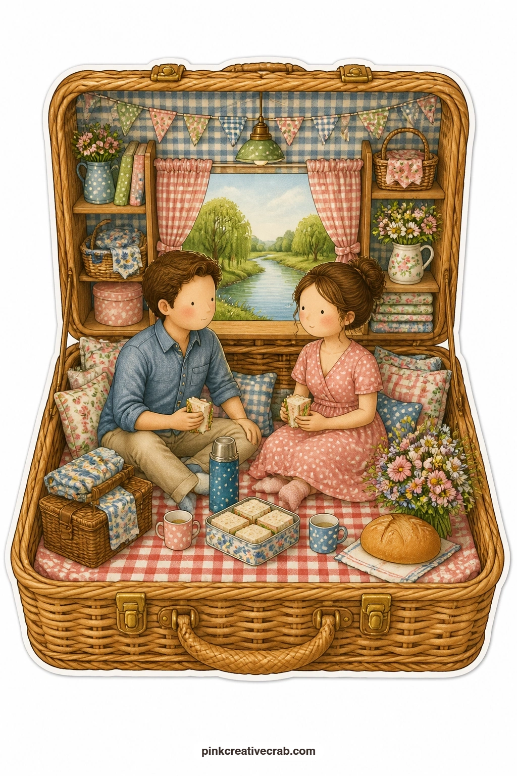 The Picnic Basket Room printable page — A young couple share sandwiches on a gingham cloth with a thermos between them, the picnic basket opened wide to make