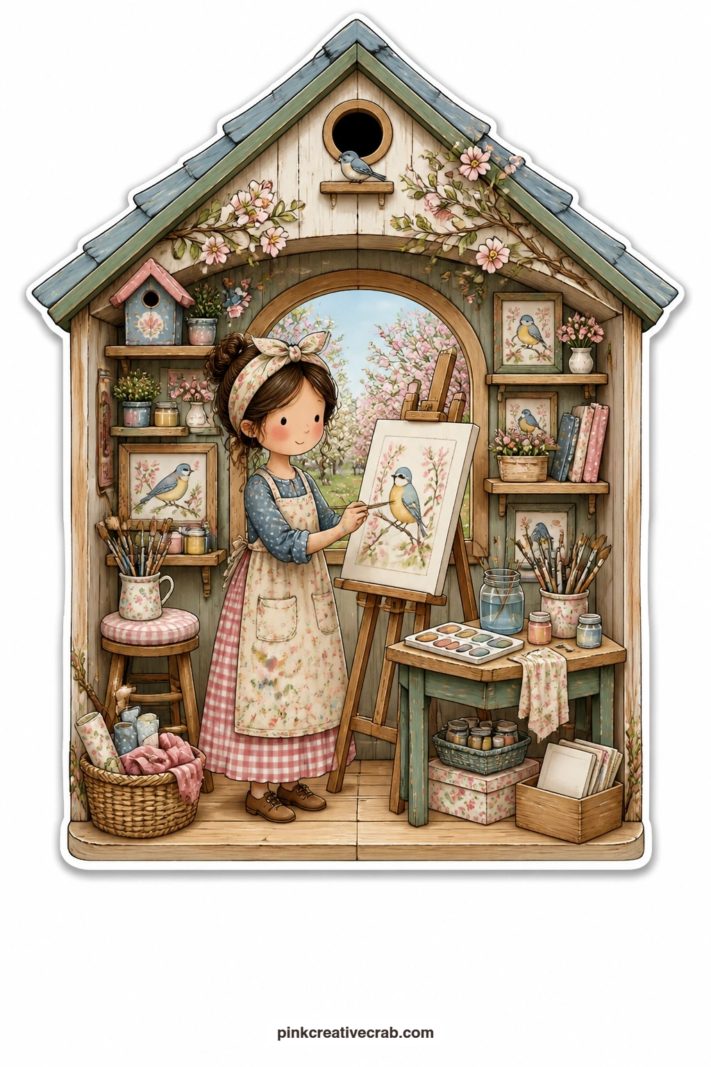 The Birdhouse Studio printable page — Painting birds at an easel surrounded by jars of brushes, a young woman fills this birdhouse studio with creative focus