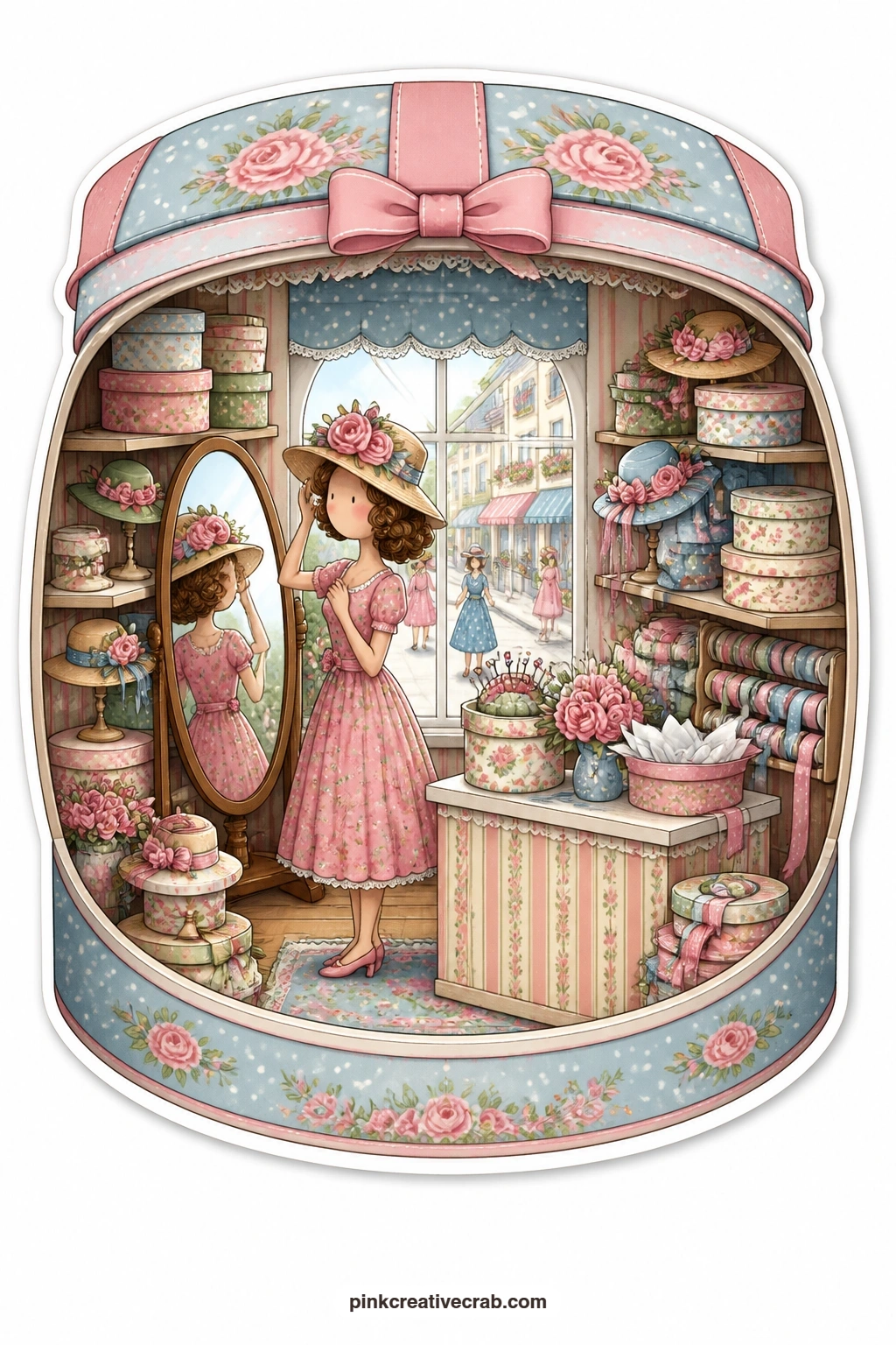 The Hatbox Shop printable page — Trying on a flowered hat before a tall mirror with stacked boxes all around, this young woman's hatbox shop makes a bright