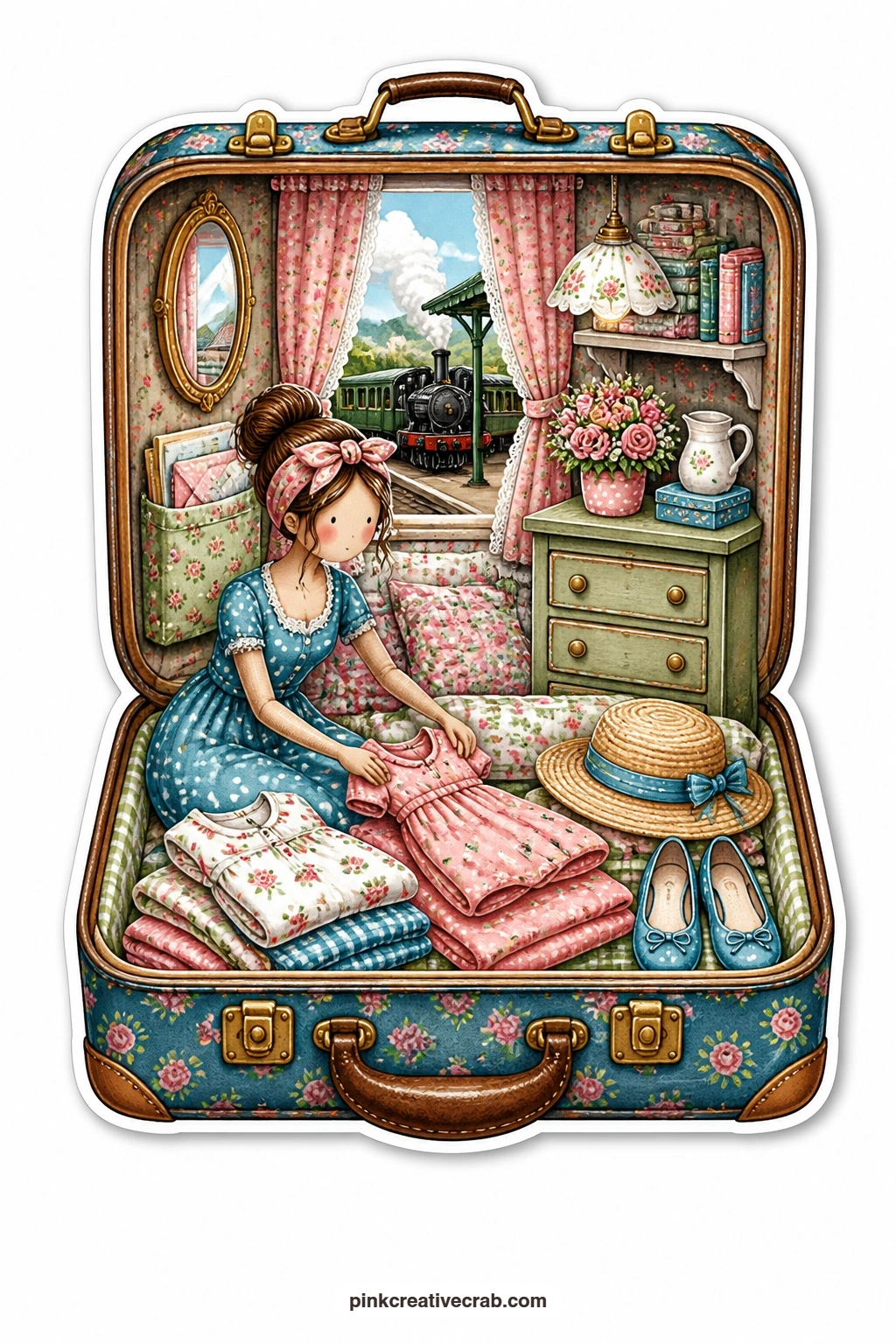 The Suitcase Bedroom printable page — Packing dresses and a straw hat into a half-filled case, a young woman prepares for a journey inside this suitcase