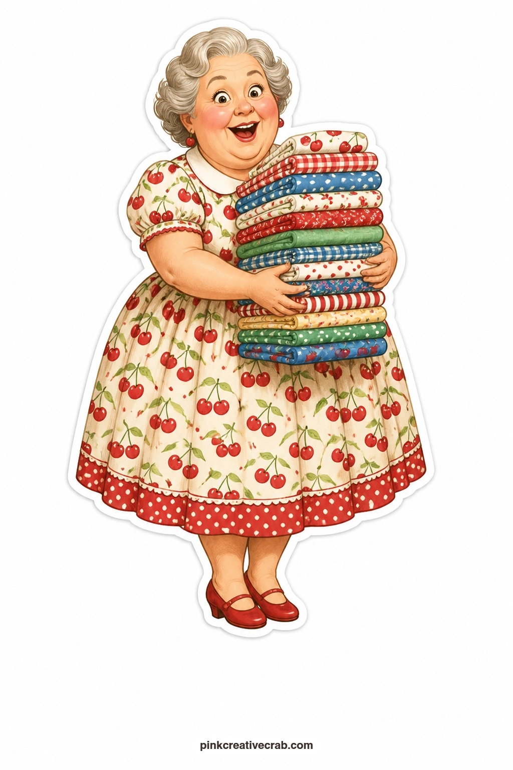 The Fat Quarter Hug printable page — Round and silver-haired in her cherry print dress, she hugs a stack of new fat quarters almost too big to carry, eyes wide